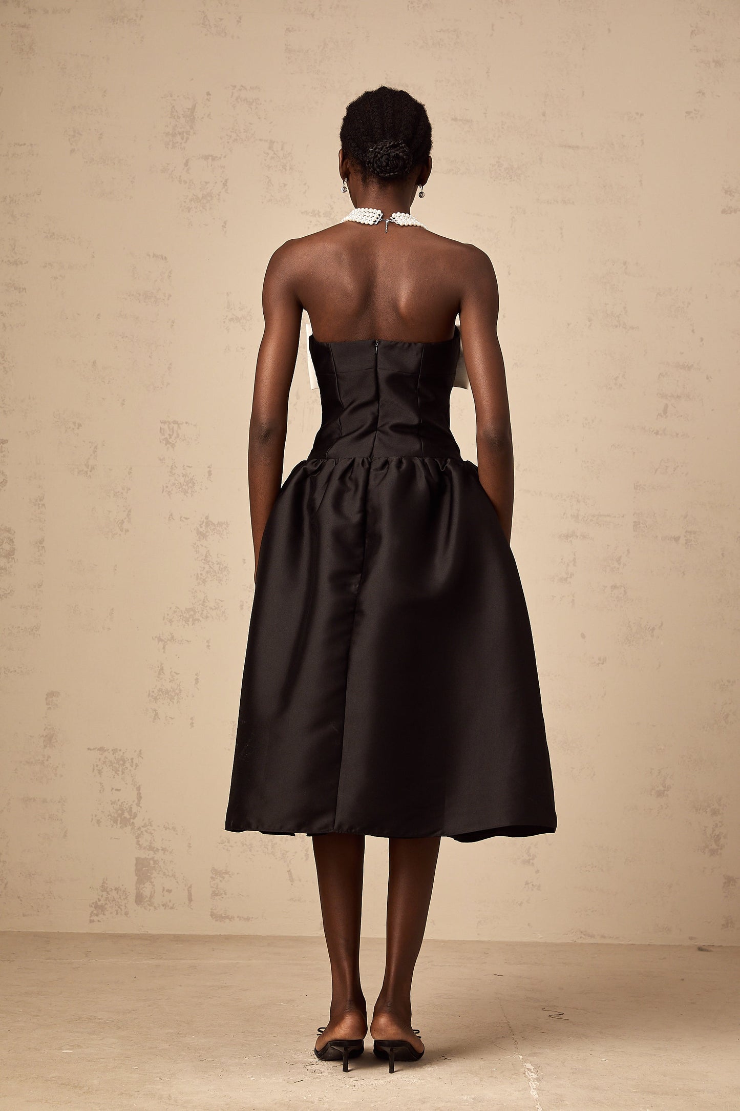 Georgette black bowknot off-shoulder midi dress