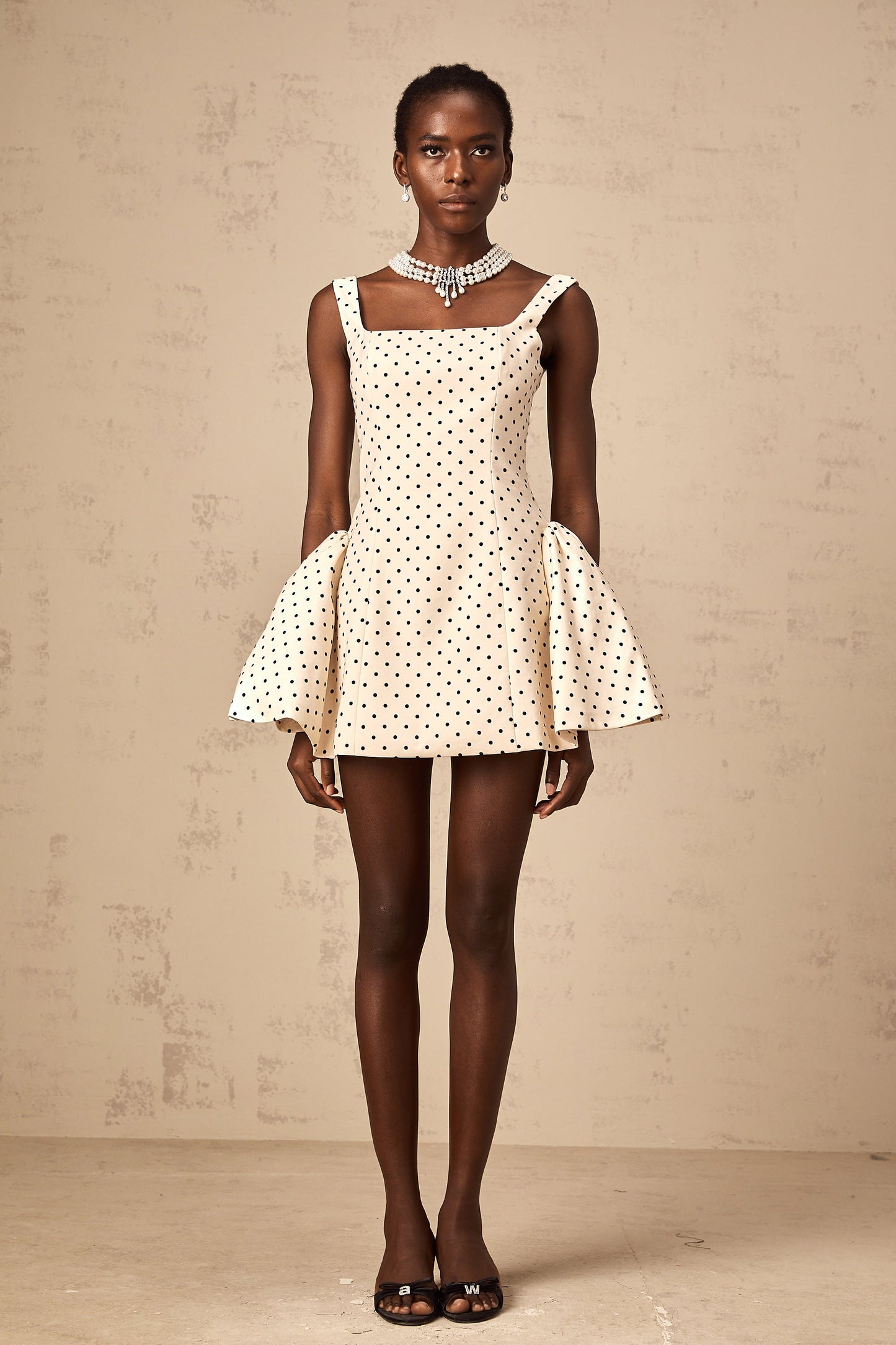 Geneviève neutrals polka-dot puff mini dress