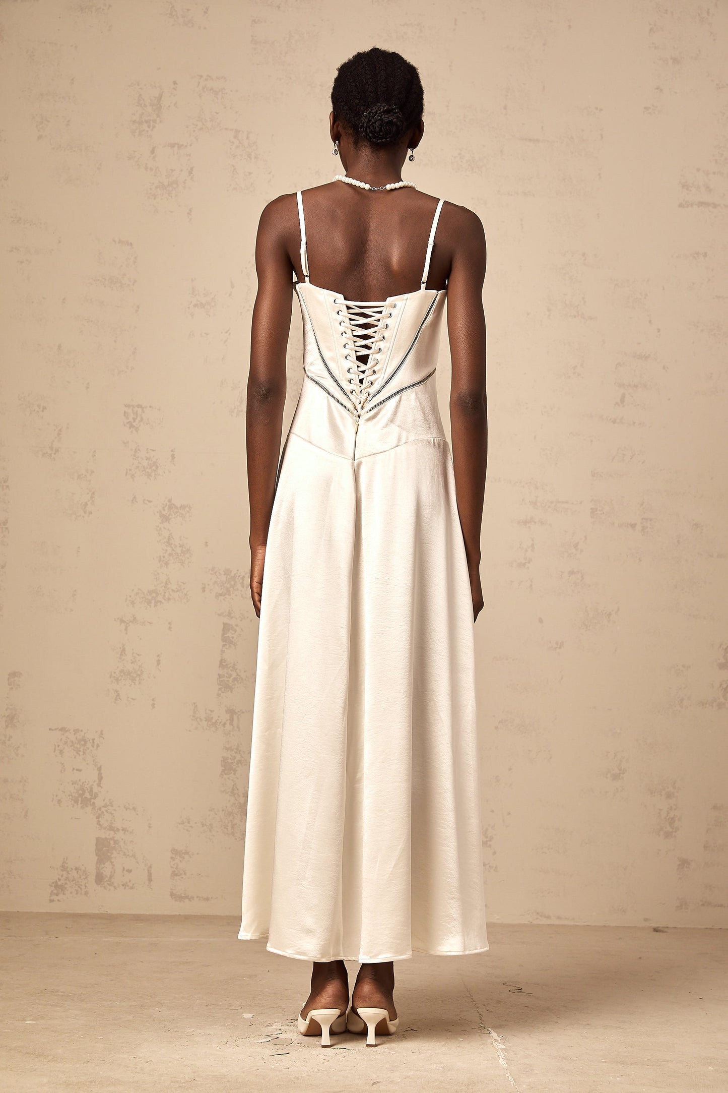 Claudia white flared satin maxi dress