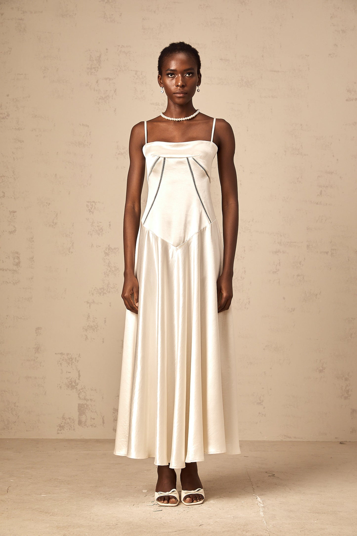 Claudia white flared satin maxi dress