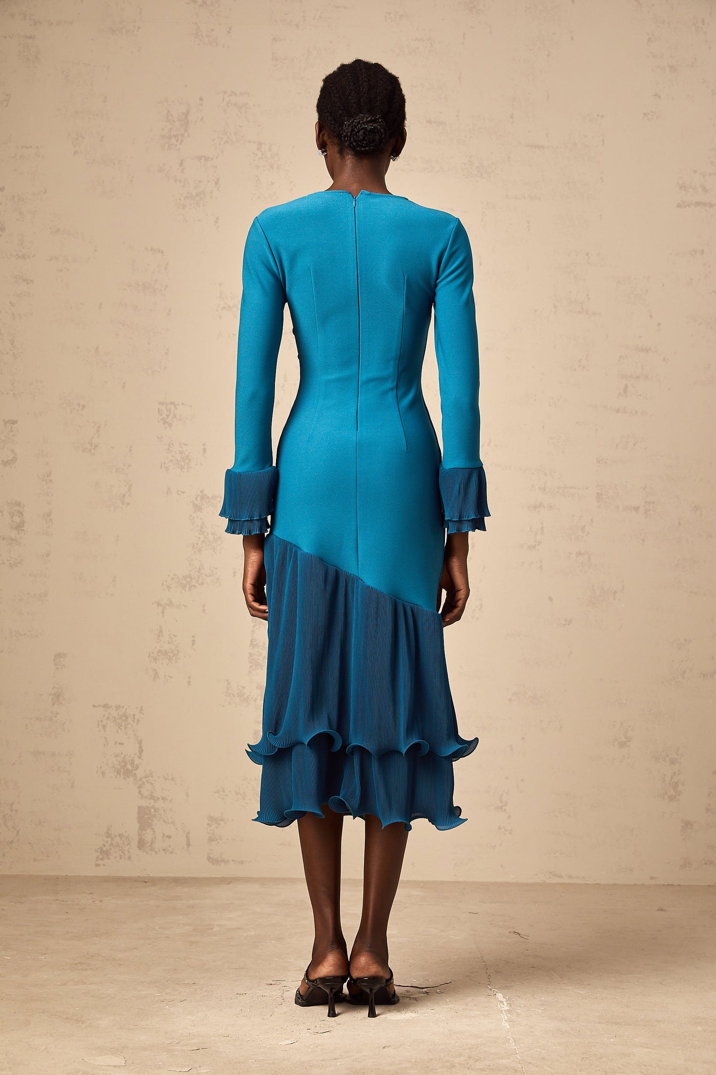 Fleurida ruffled-trim panelled midi dress in Blue