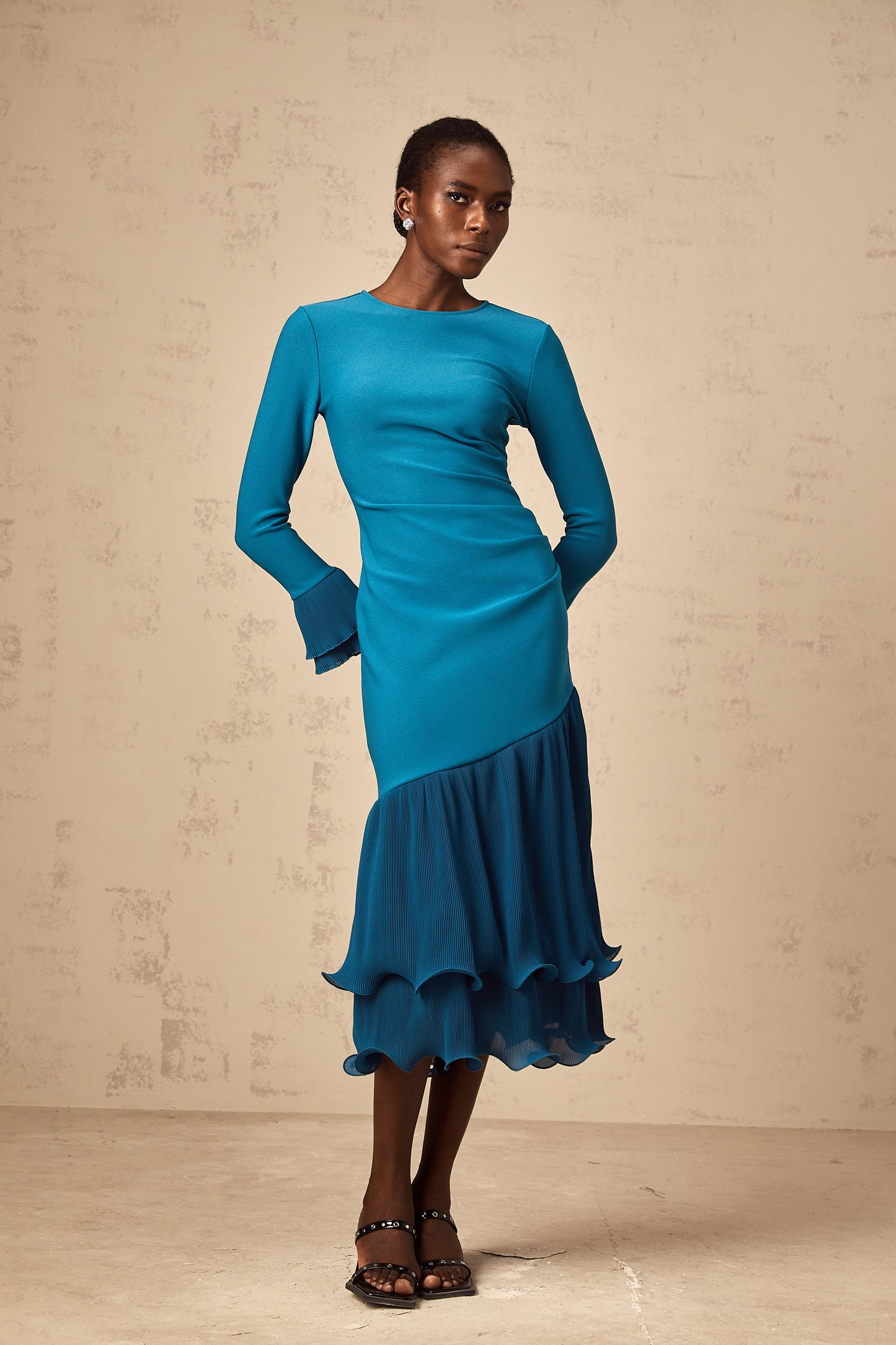 Fleurida ruffled-trim panelled midi dress in Blue