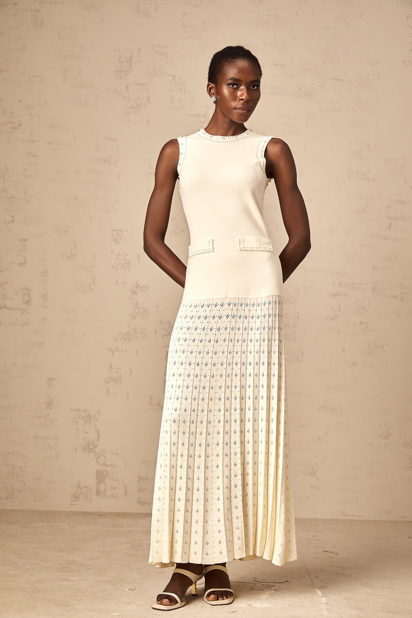 Donatienne white faux-pearl knitted maxi dress