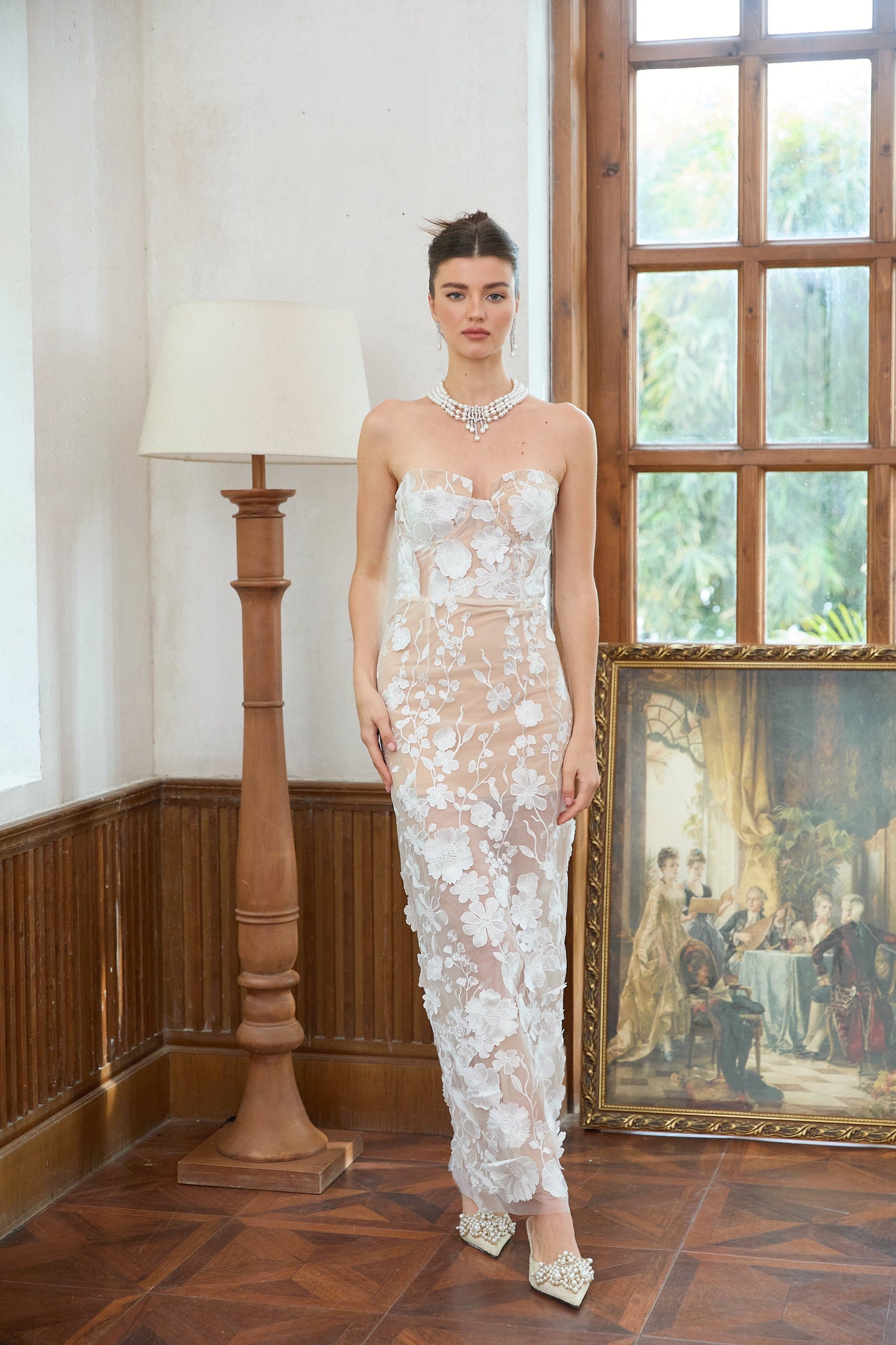 Brigitte white floral-appliqué corset maxi dress