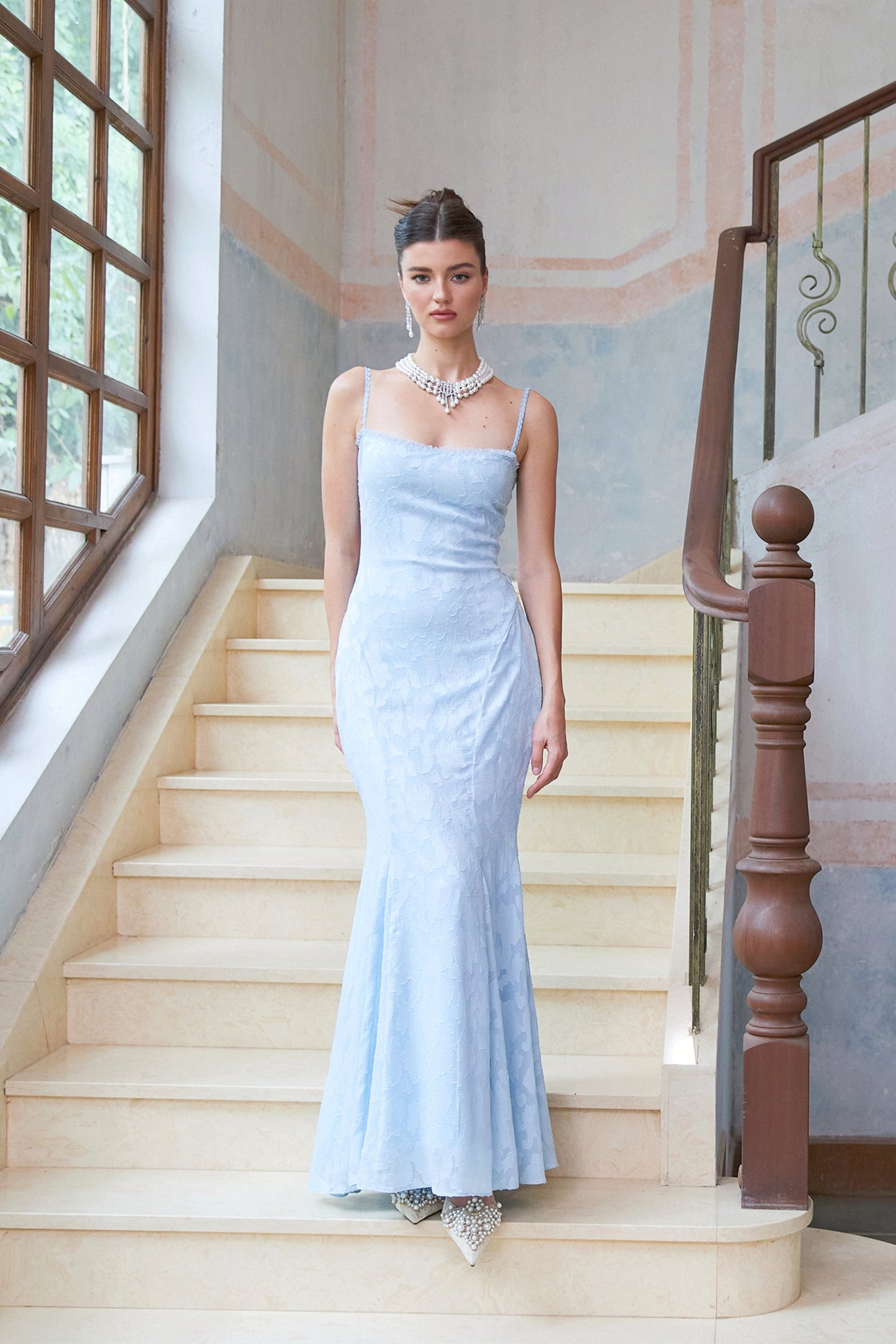 Rosalie lace-up jacquard flared maxi dress in Blue