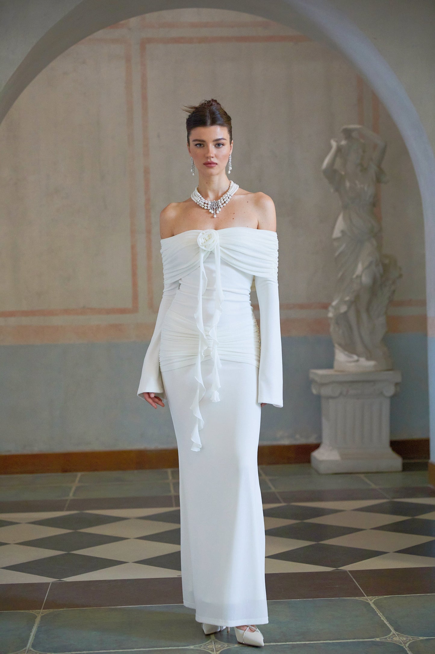 Wanda white glittered floral-appliqué knit maxi dress