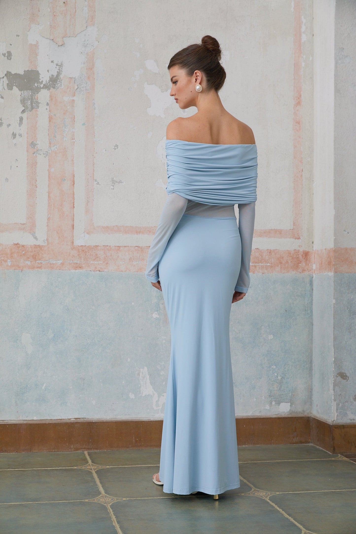 Ninon blue off-shoulder ruched maxi dress