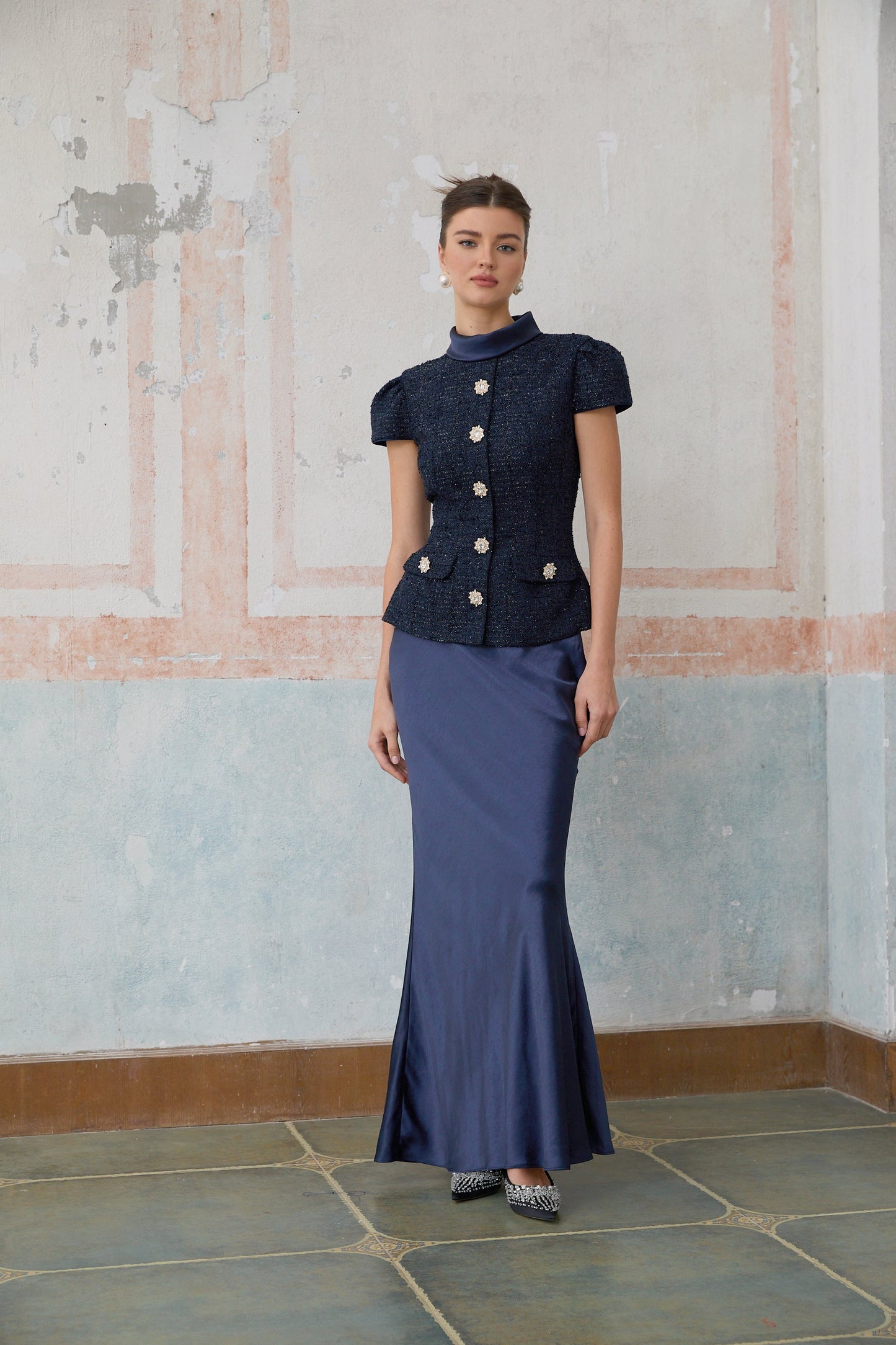 Josette blue peplum-waist panelled maxi dress