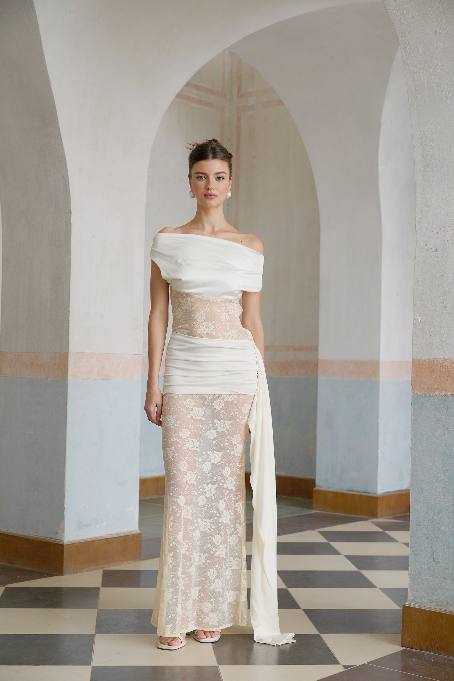 Lilou neutrals ribbon panelled floral-lace maxi dress