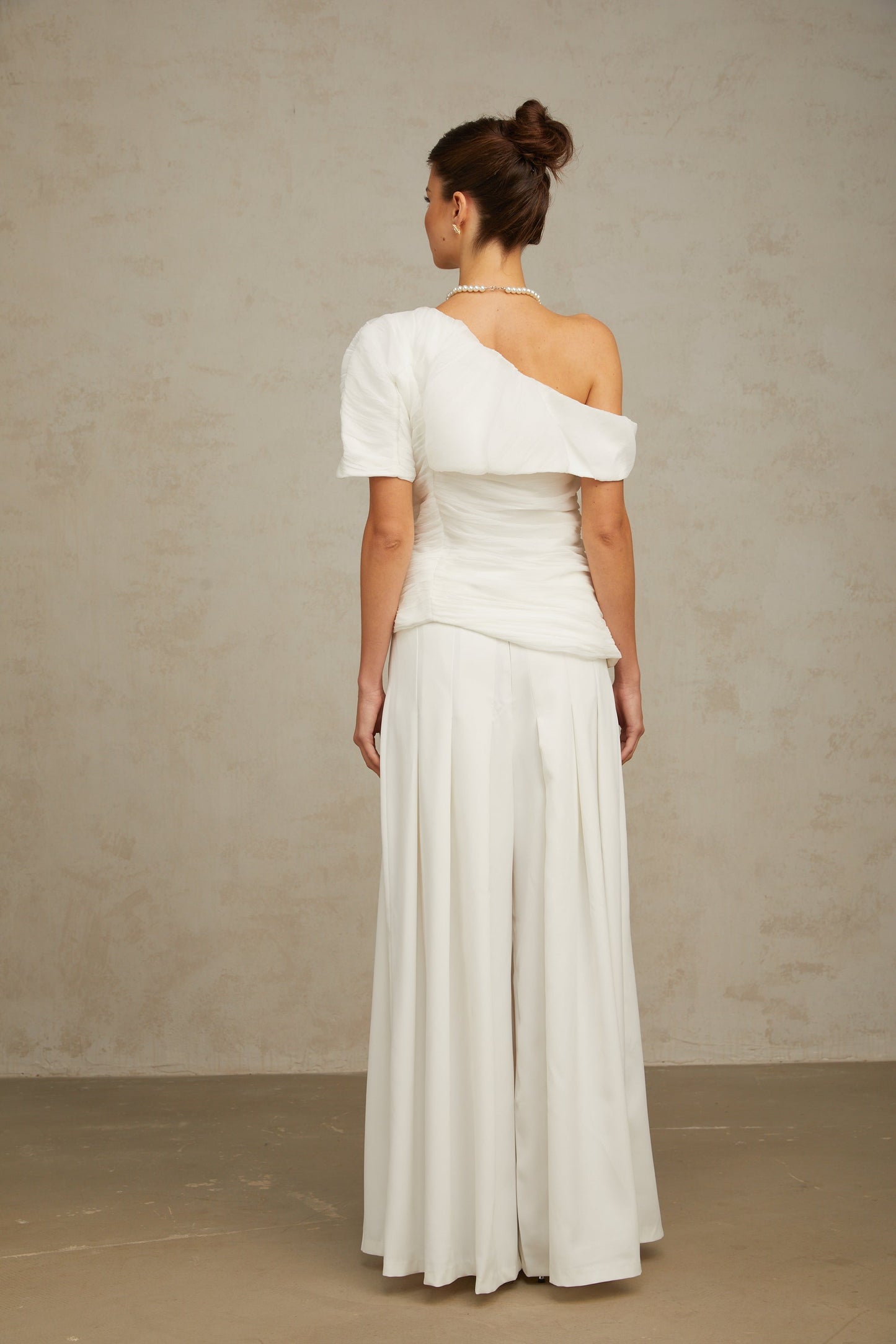 Adèle creased top & trousers matching set in White