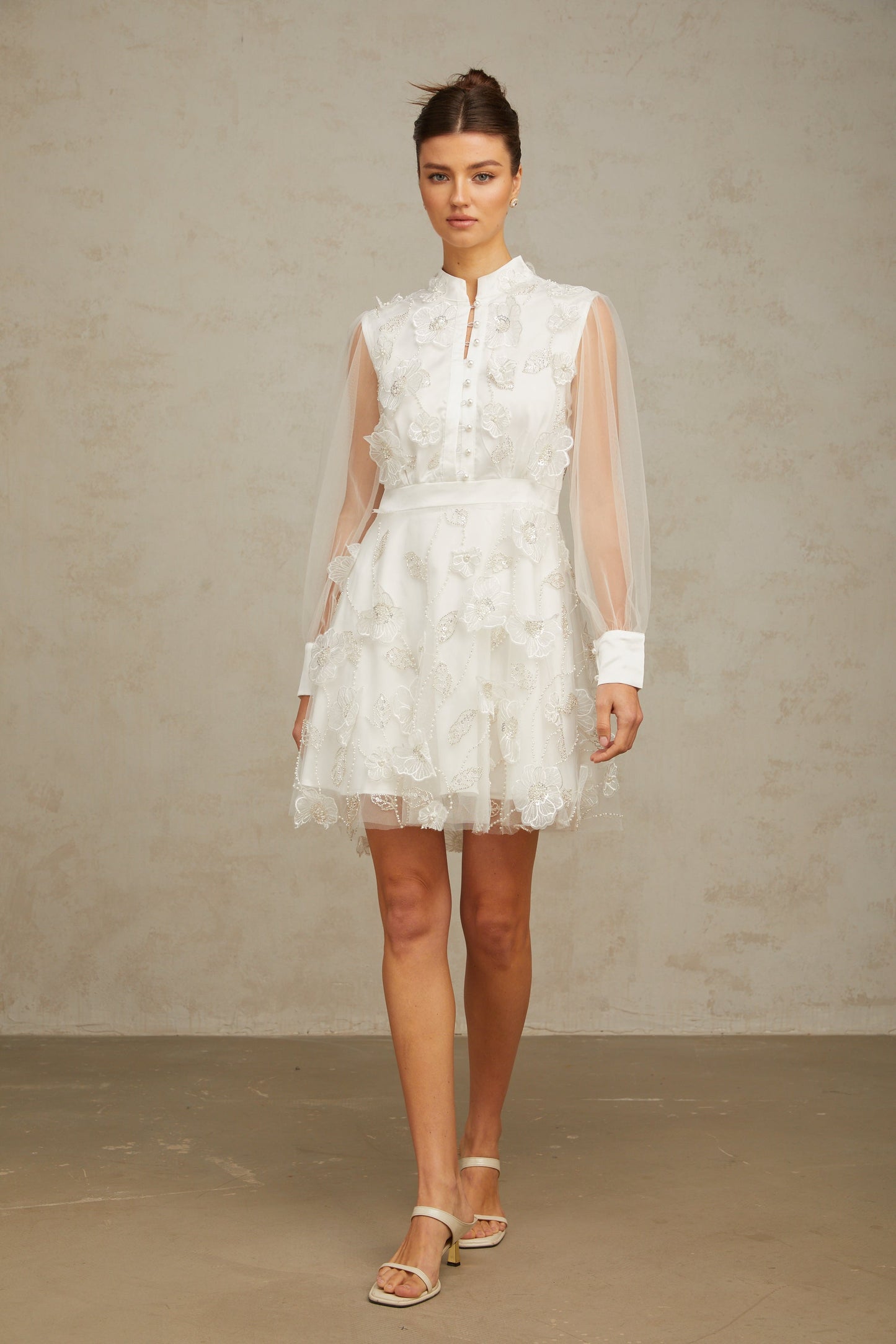 Camille white 3D-petal tulle mini dress
