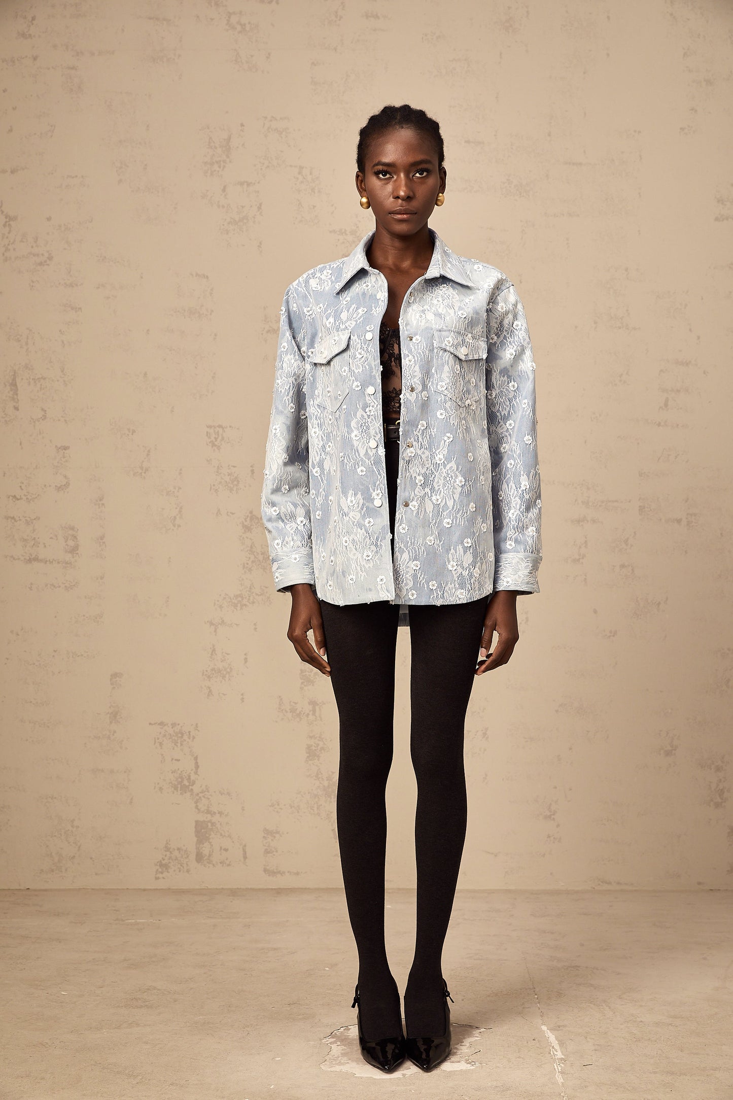 Blanche blue sequined floral-appliqué denim jacket