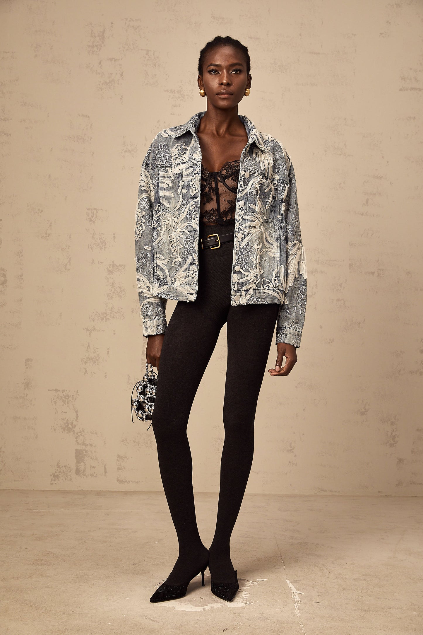 Mailys blue sequined flower-embroidery denim jacket