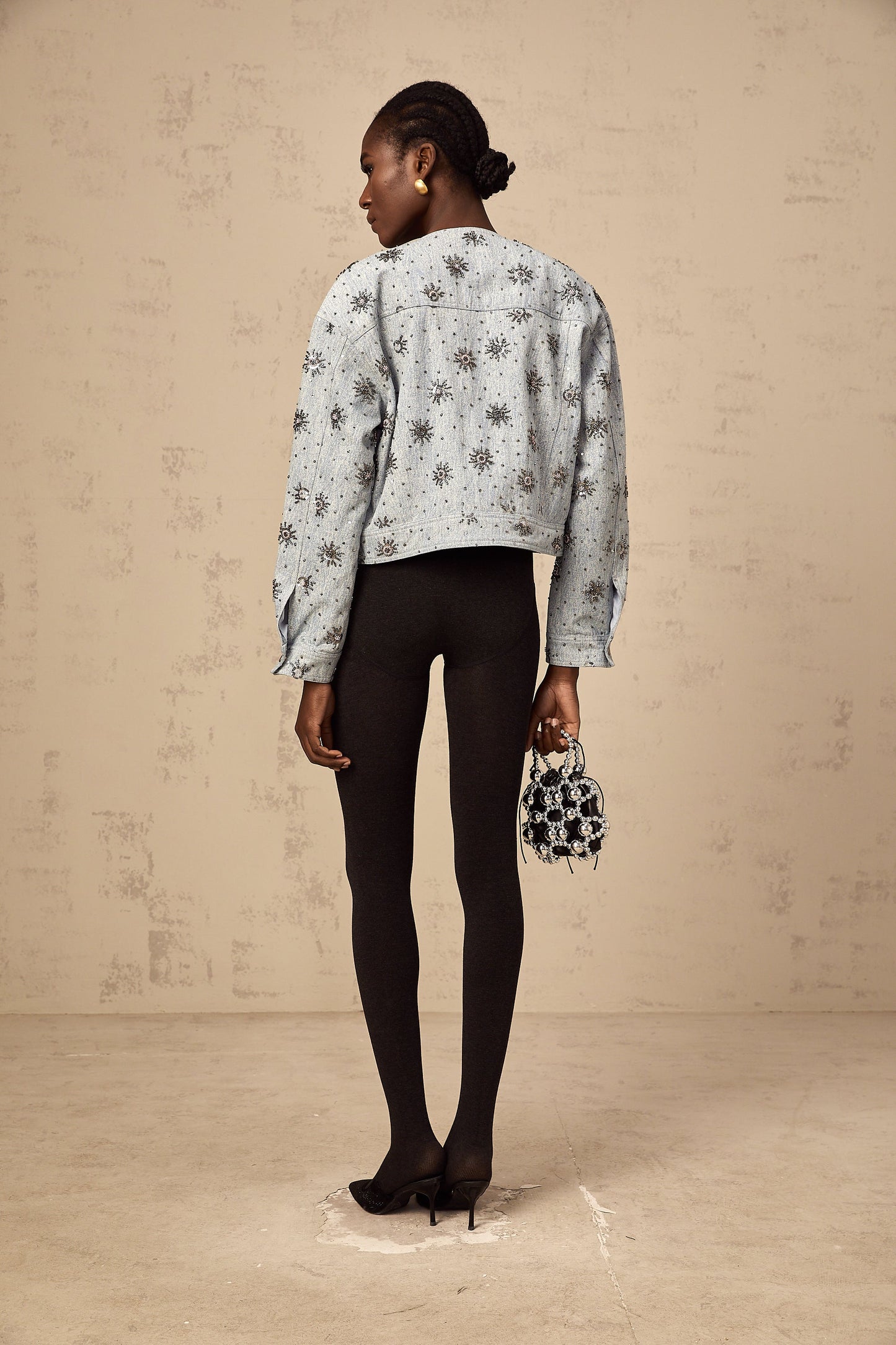 Katell blue studded sun-motif denim jacket