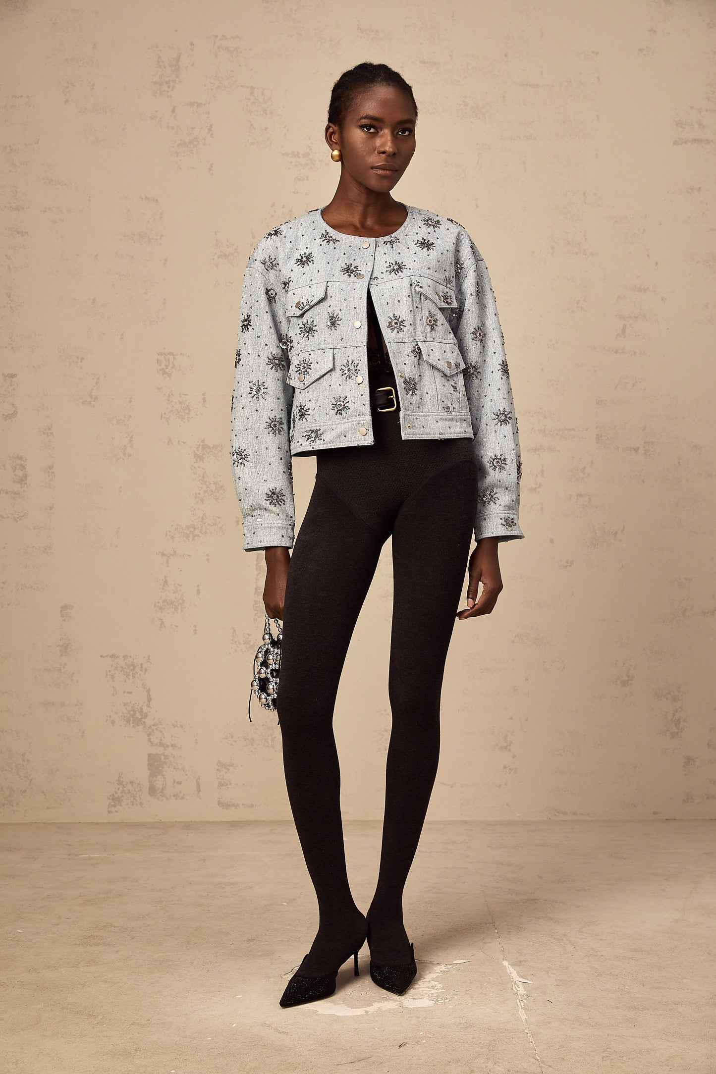 Katell blue studded sun-motif denim jacket