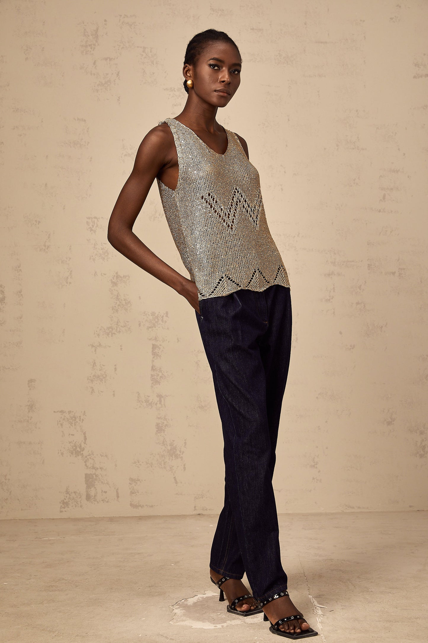 Cyrine gold sequined crochet vest top