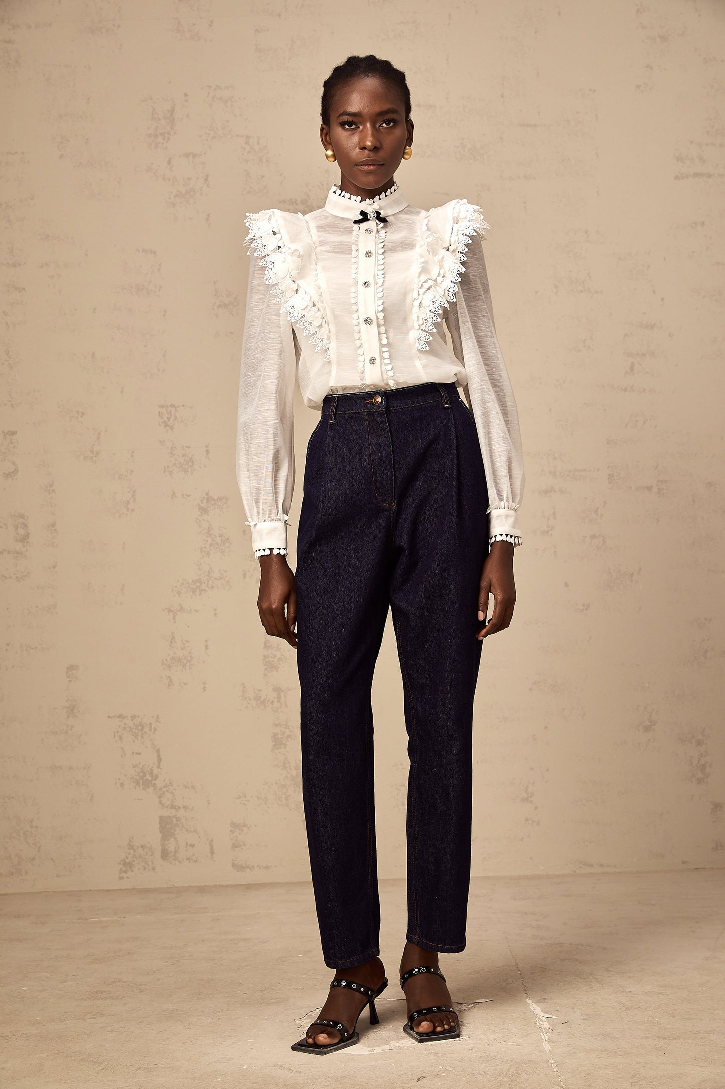 Capucine white lace-trim semi-sheer shirt