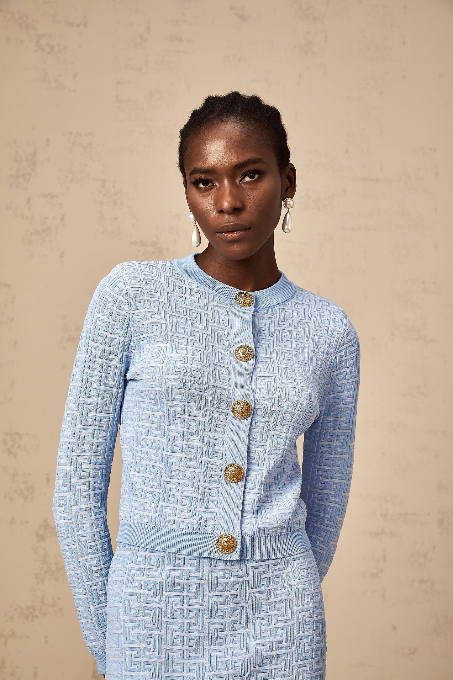 Anais knit patterned-jacquard cardigan & skirt matching set