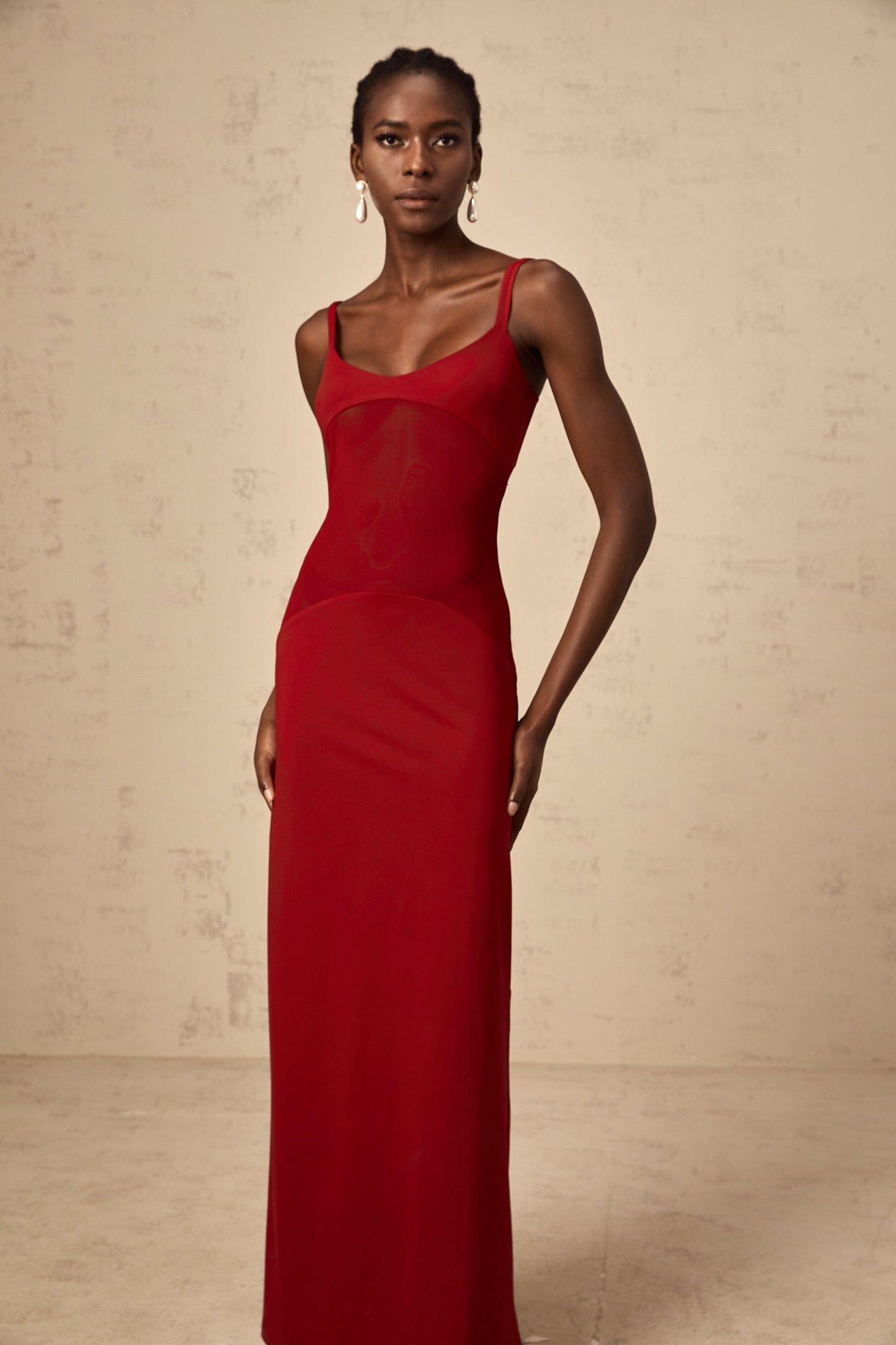 Céline red semi-sheer tulle-panel maxi dress