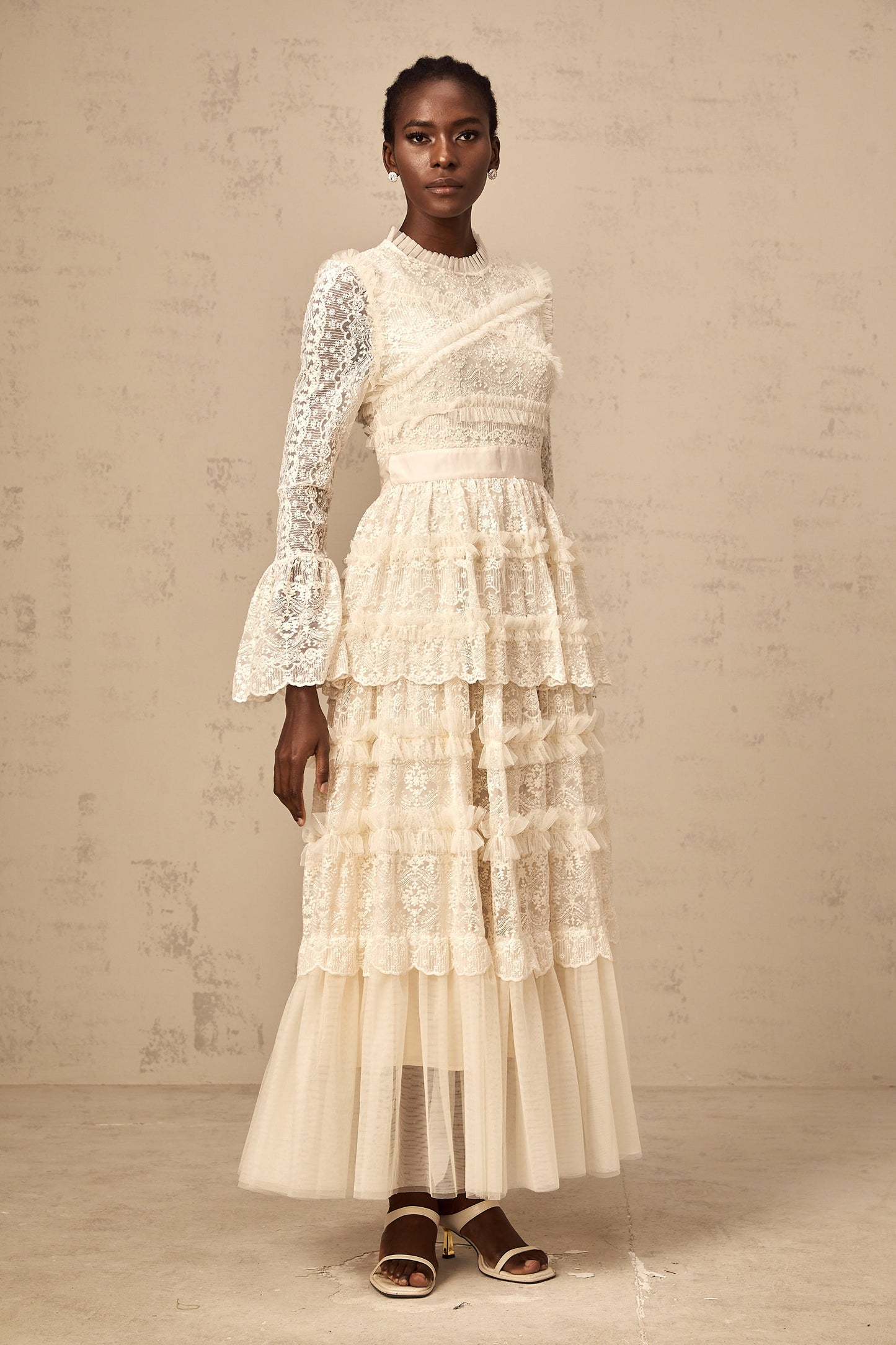 Agnès neutrals lace-panel ruffled tulle maxi dress