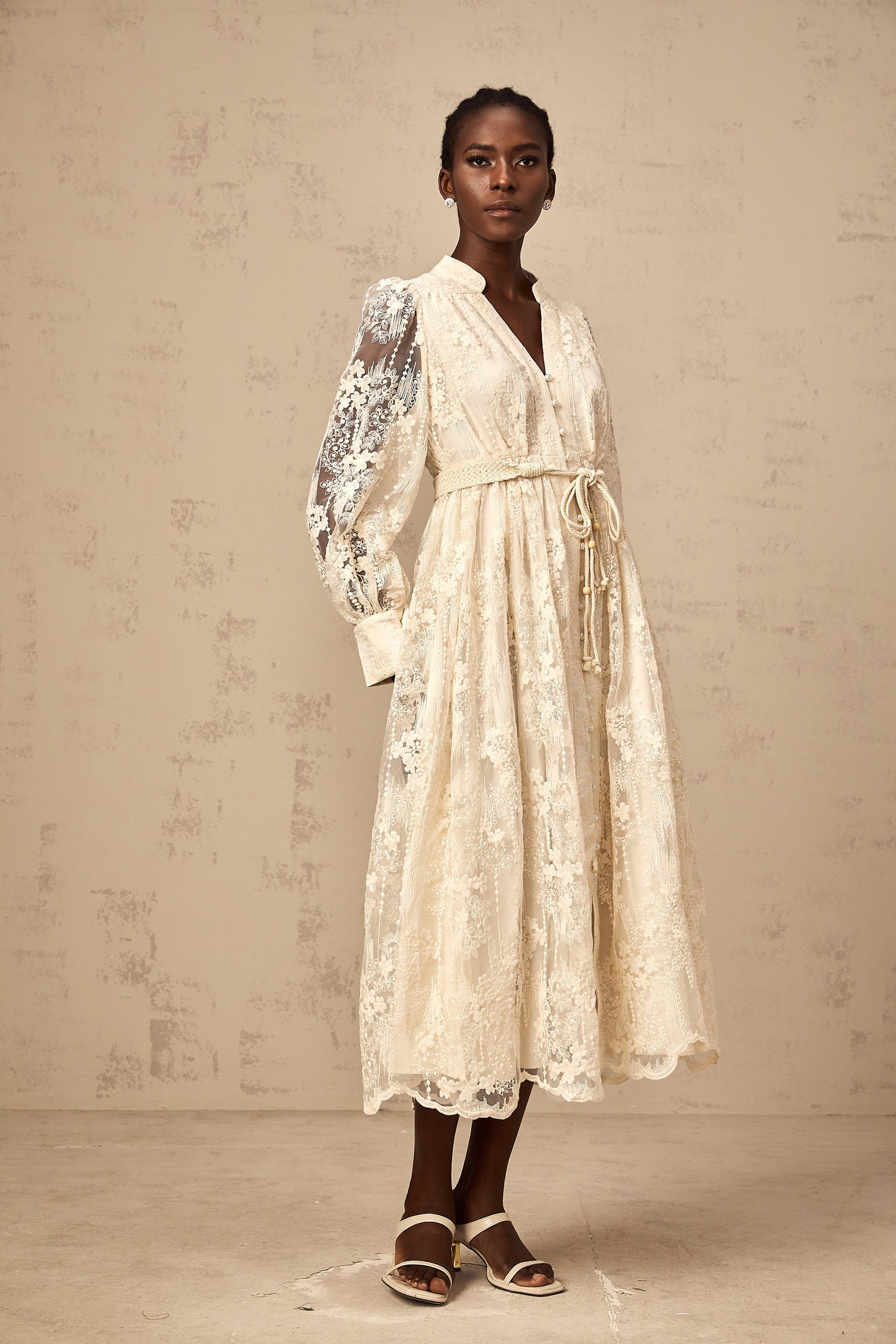 Roxane neutrals lace-embroidery midi dress