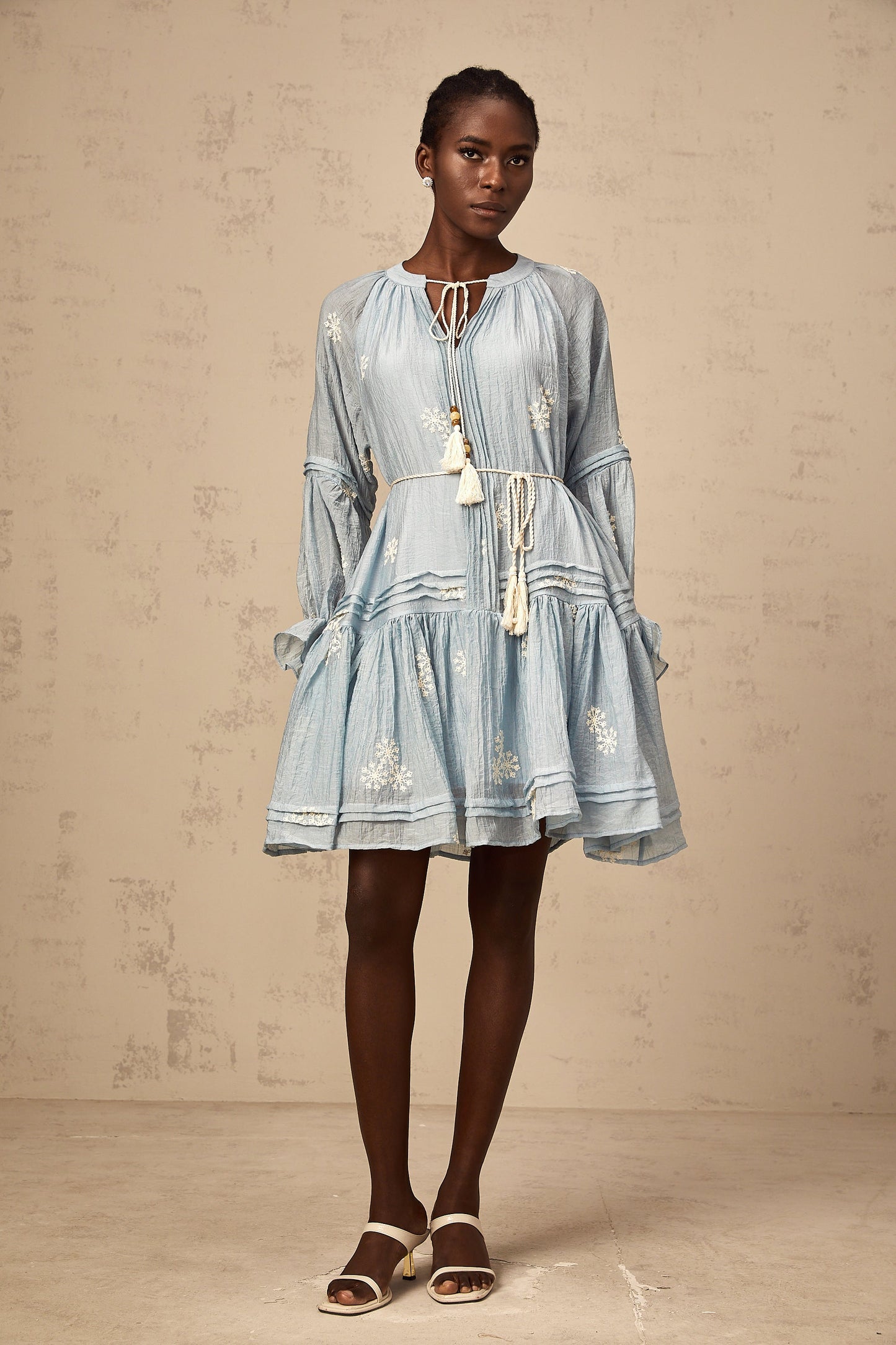 Félicie blue flower-embroidery mini dress