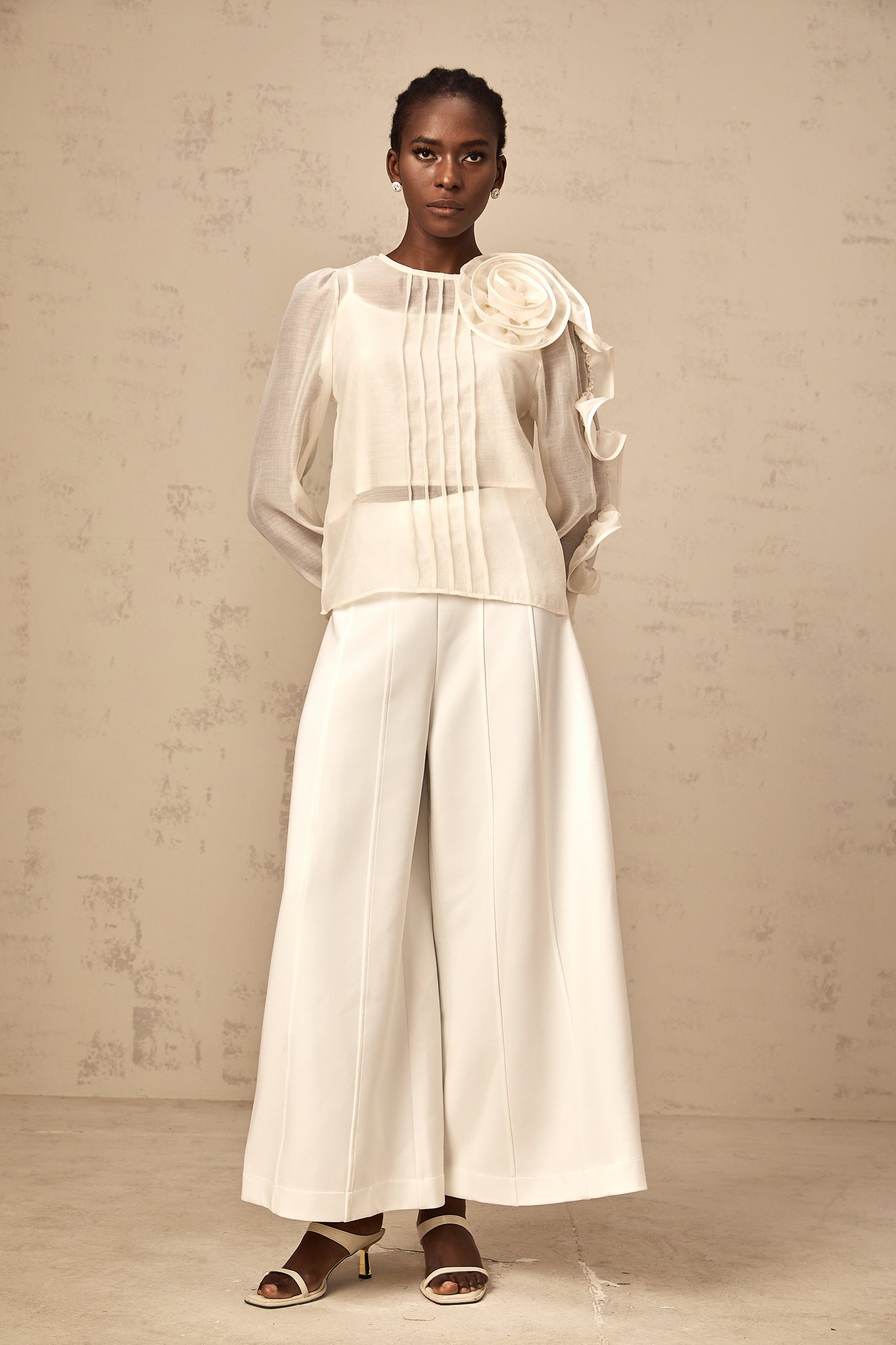 Pascale neutrals 3d-flower semi-sheer blouse