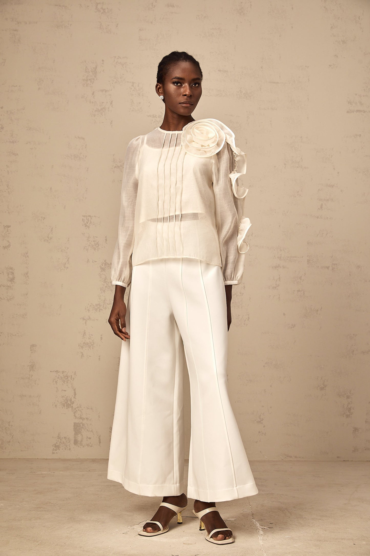 Pascale neutrals 3d-flower semi-sheer blouse