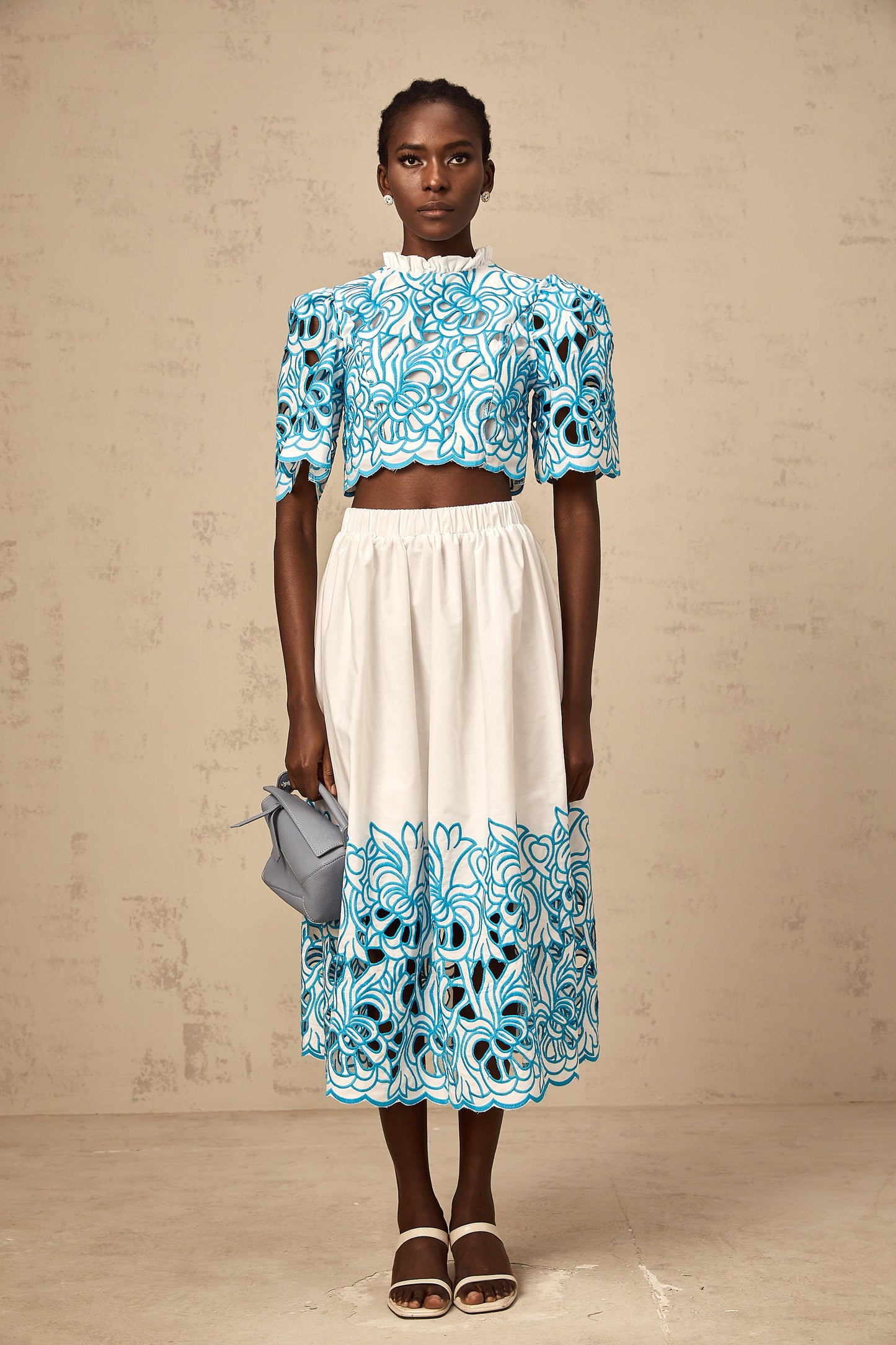 Aurore blue cut-out embroidered top & skirt matching set