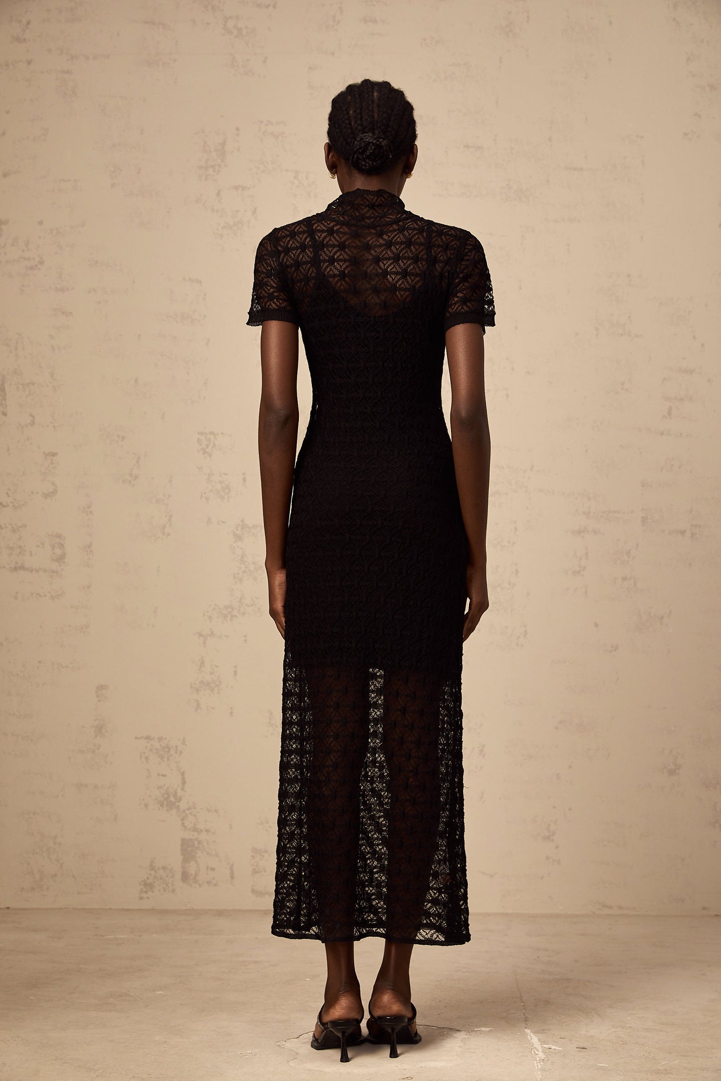 Vanessa black semi-sheer knit midi dress