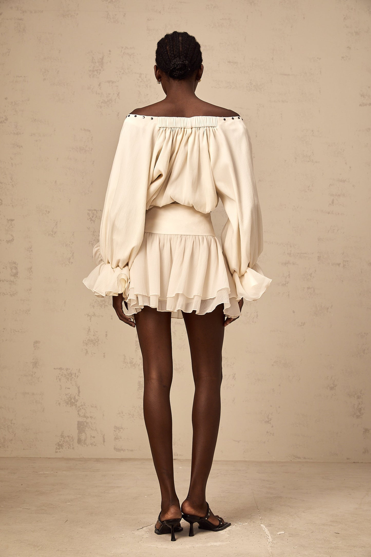 Perrine self-tie ruffled blouse & skirt matching set