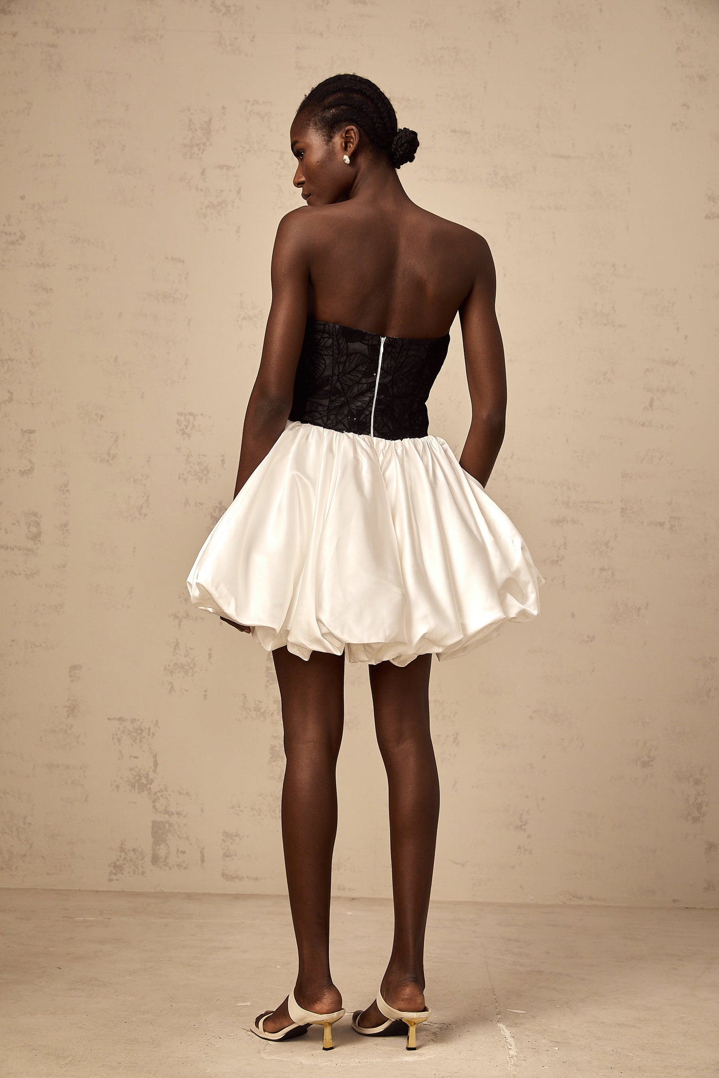 Éliane white lace-panelling puff satin mini dress