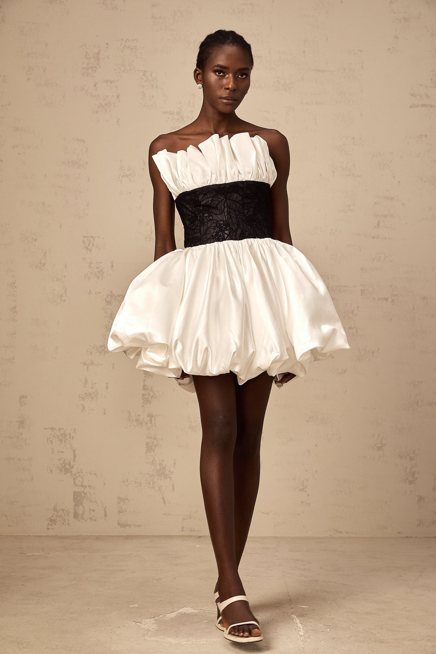 Éliane white lace-panelling puff satin mini dress
