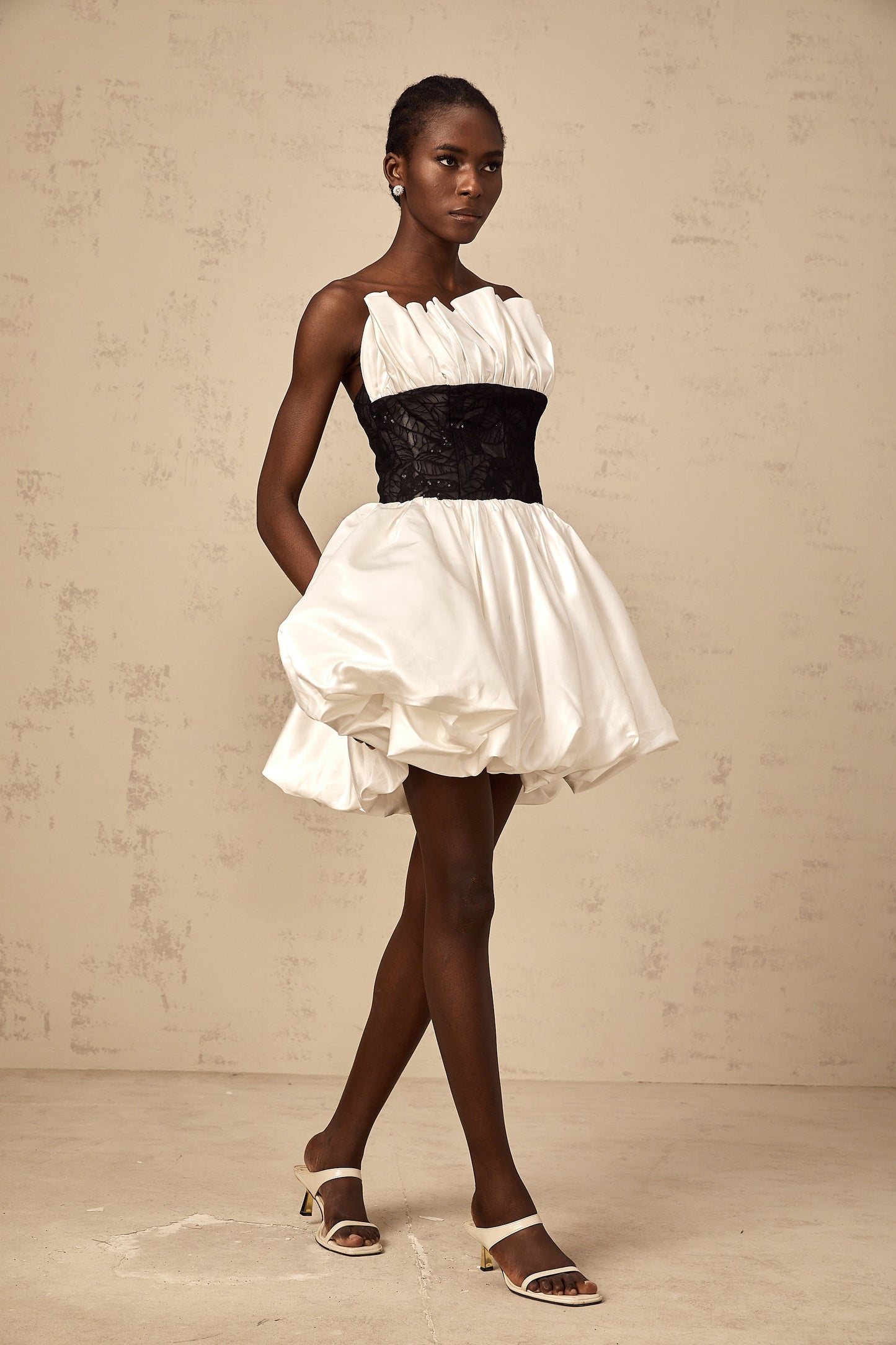 Éliane white lace-panelling puff satin mini dress