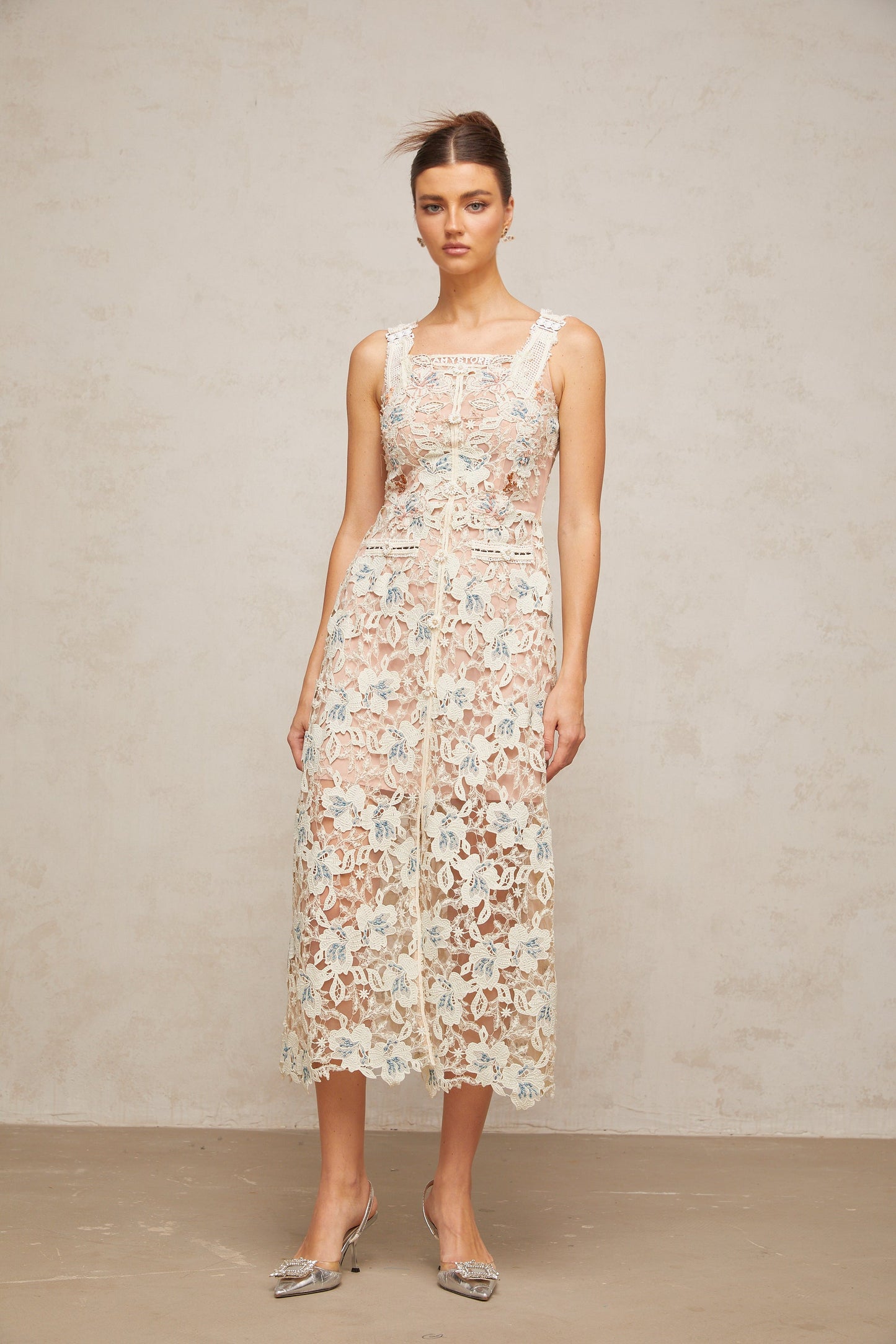 Roxane white A-line flora-lace midi dress