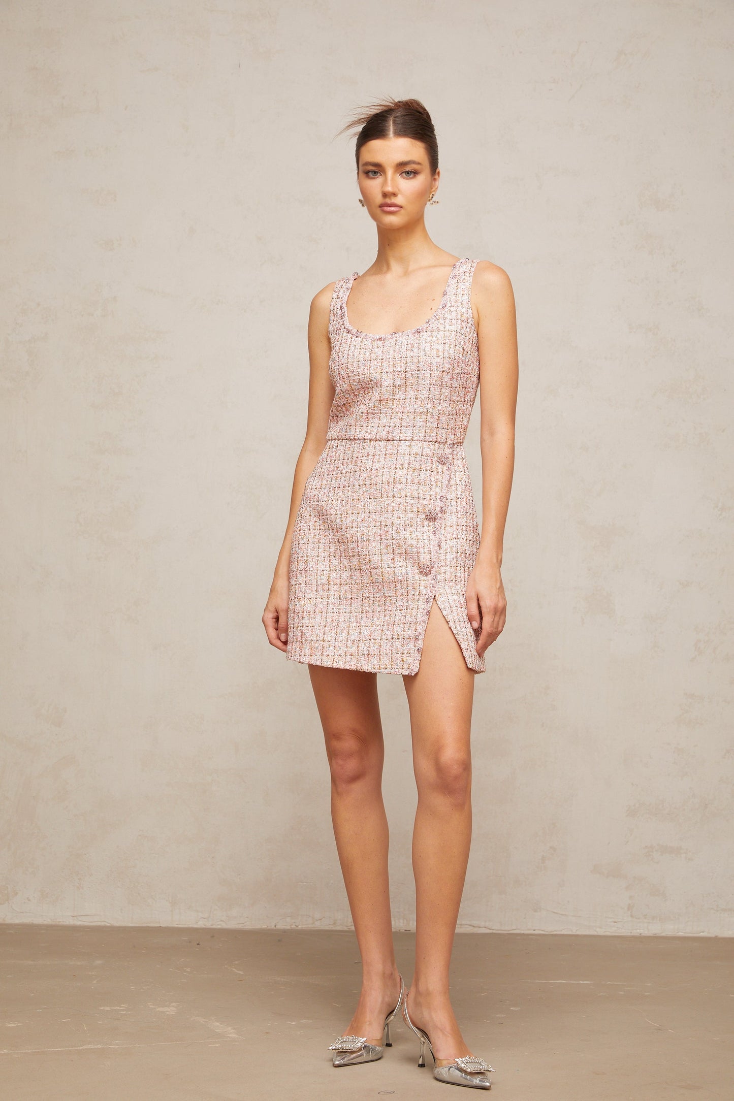 Aoife pink embellished tweed mini dress