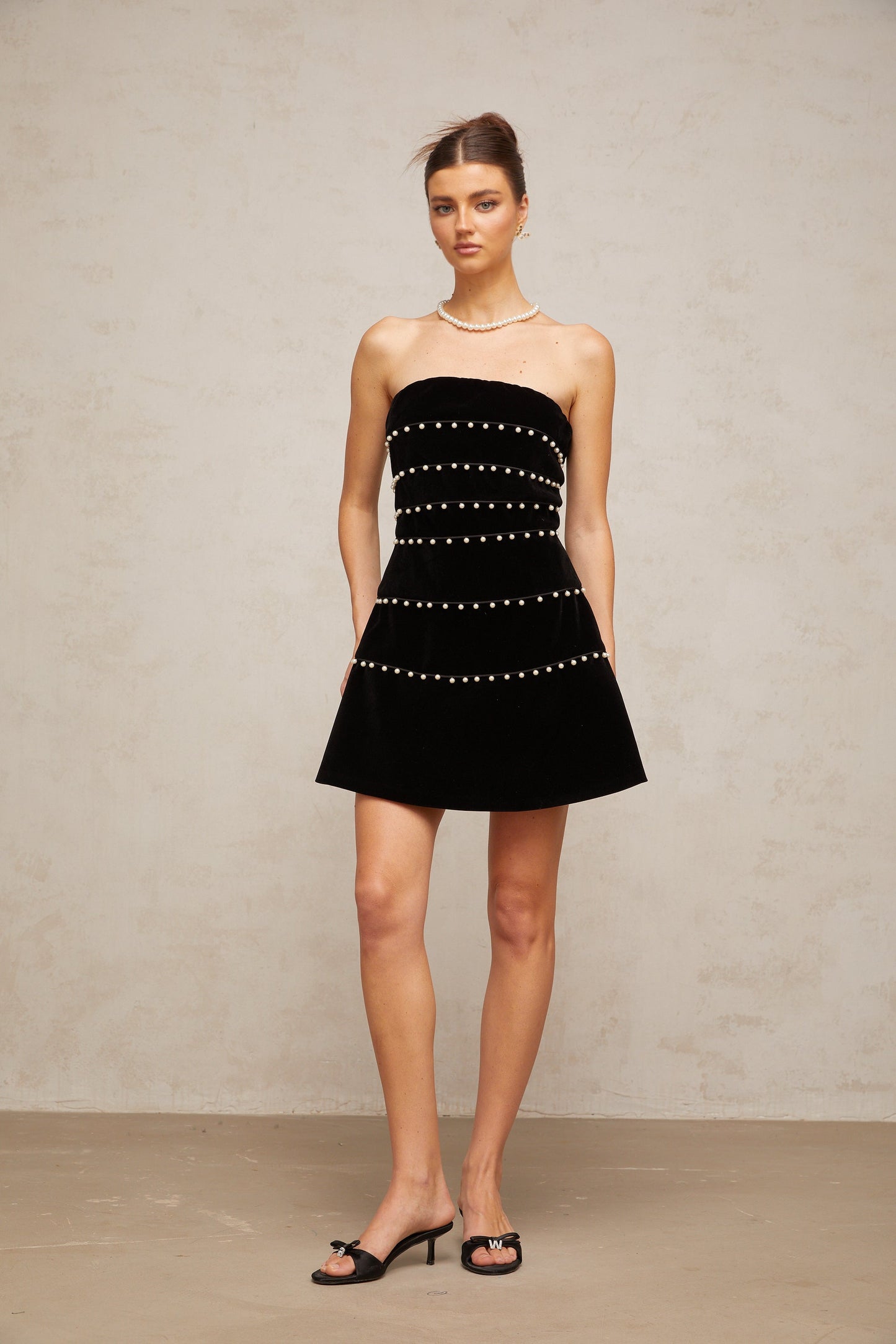 Camille black faux-pearl velvet mini dress