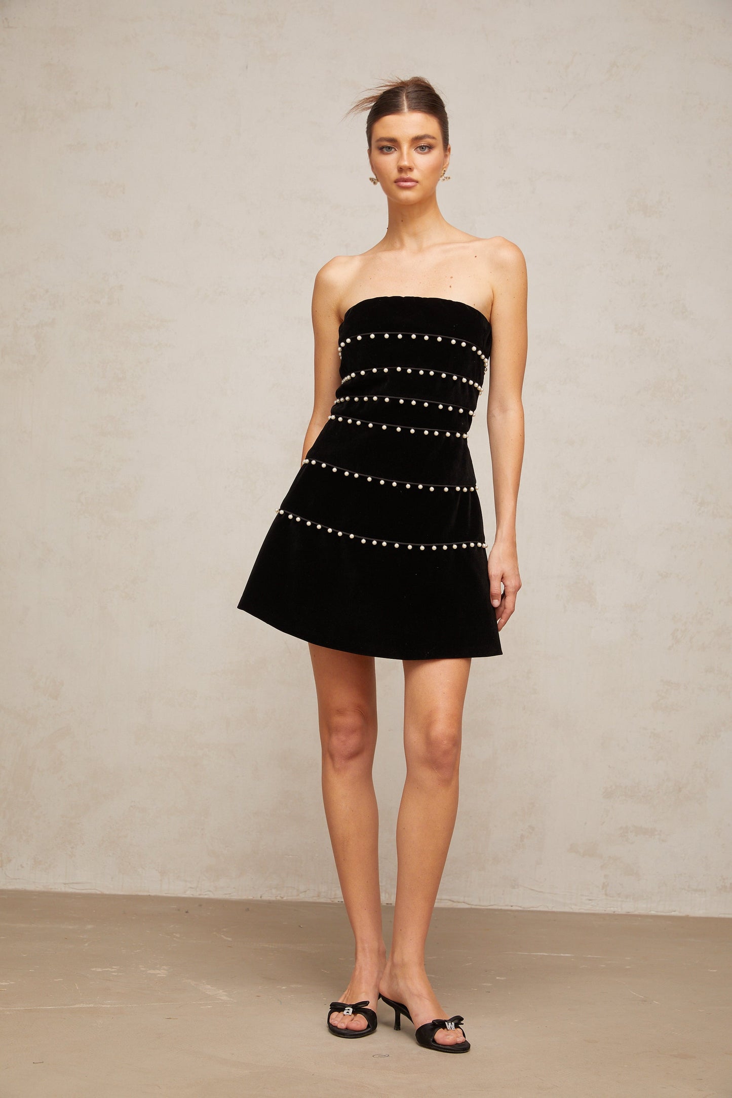 Camille black faux-pearl velvet mini dress