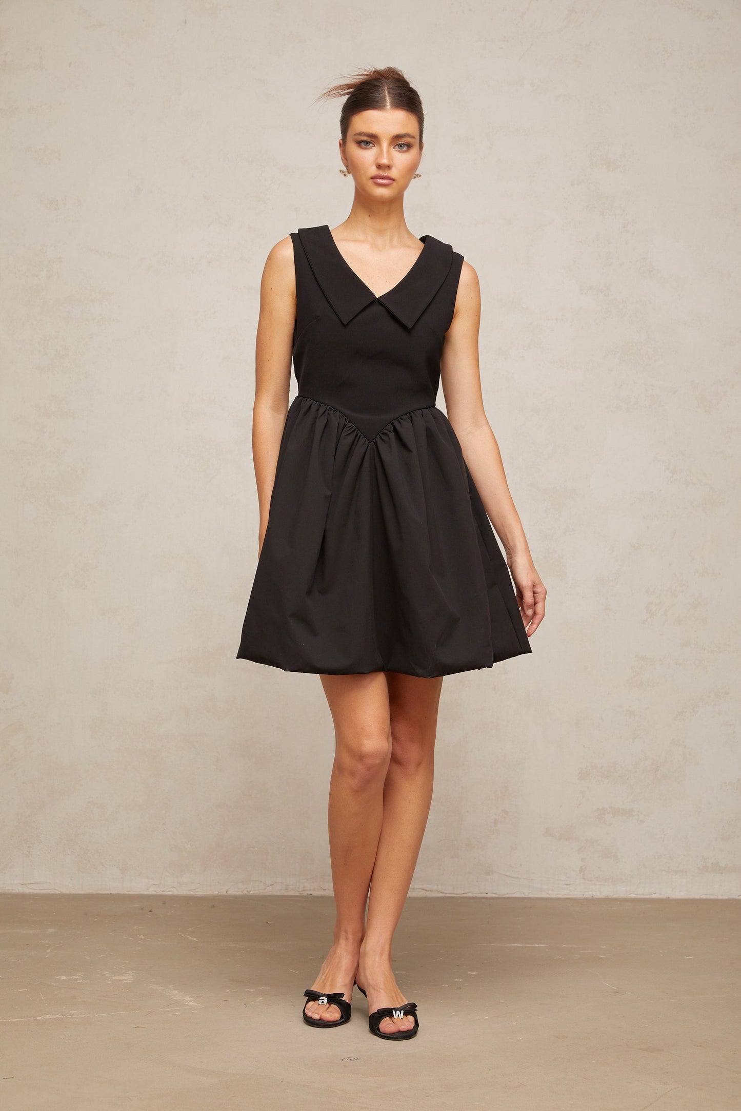 Sandrine black lapel puff mini dress