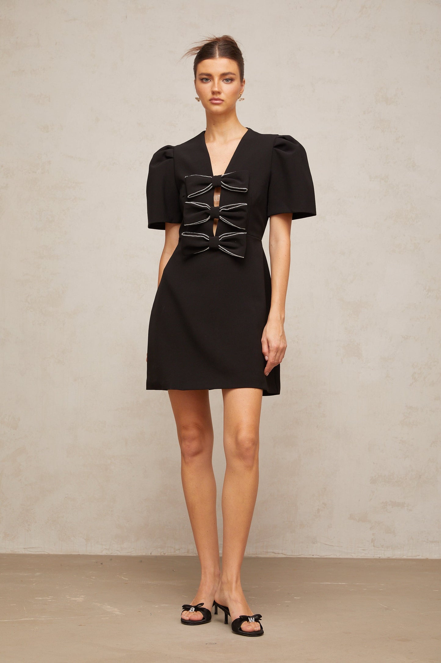Tania black bowknot embellished mini dress