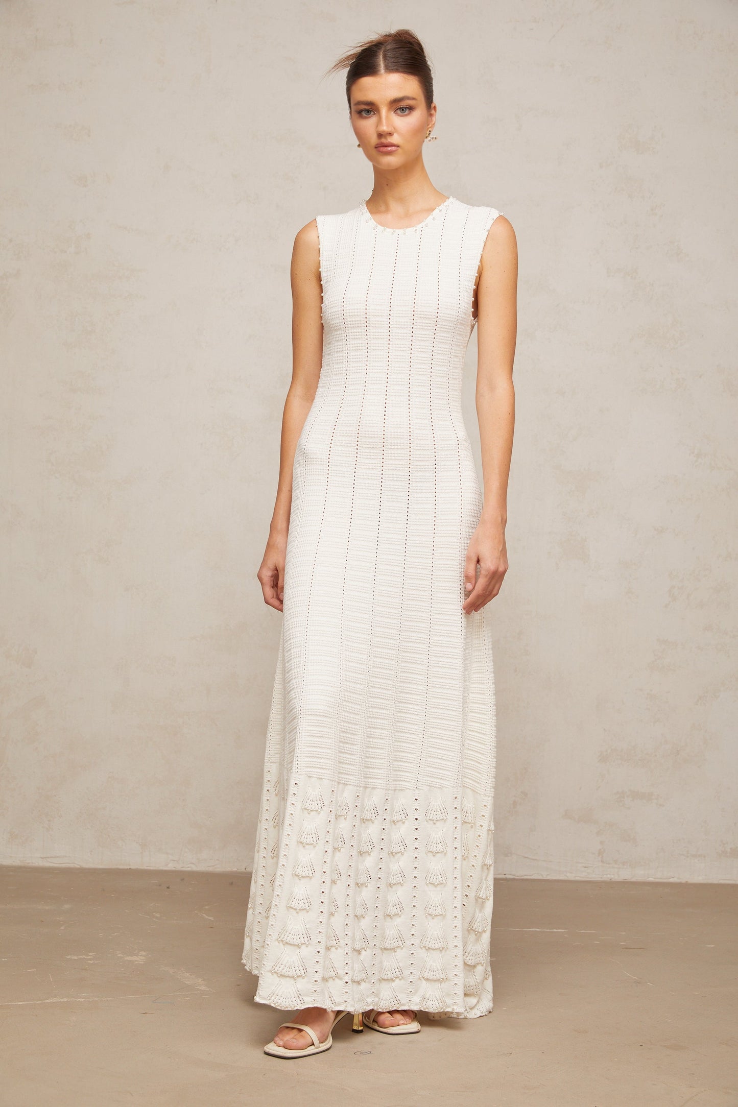 Urbaine white faux-pearl pointelle-knit maxi dress