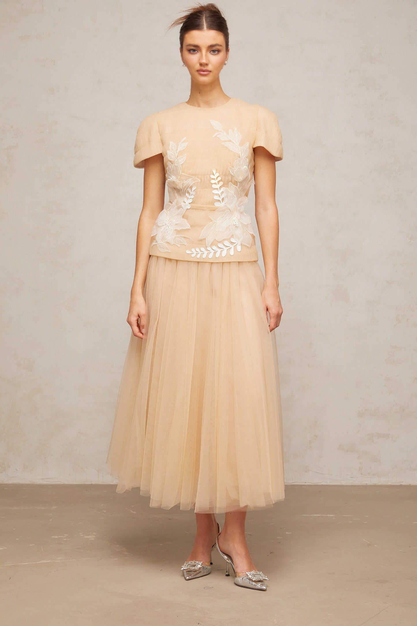 Ludivine floral-appliqué tulle top & skirt matching set