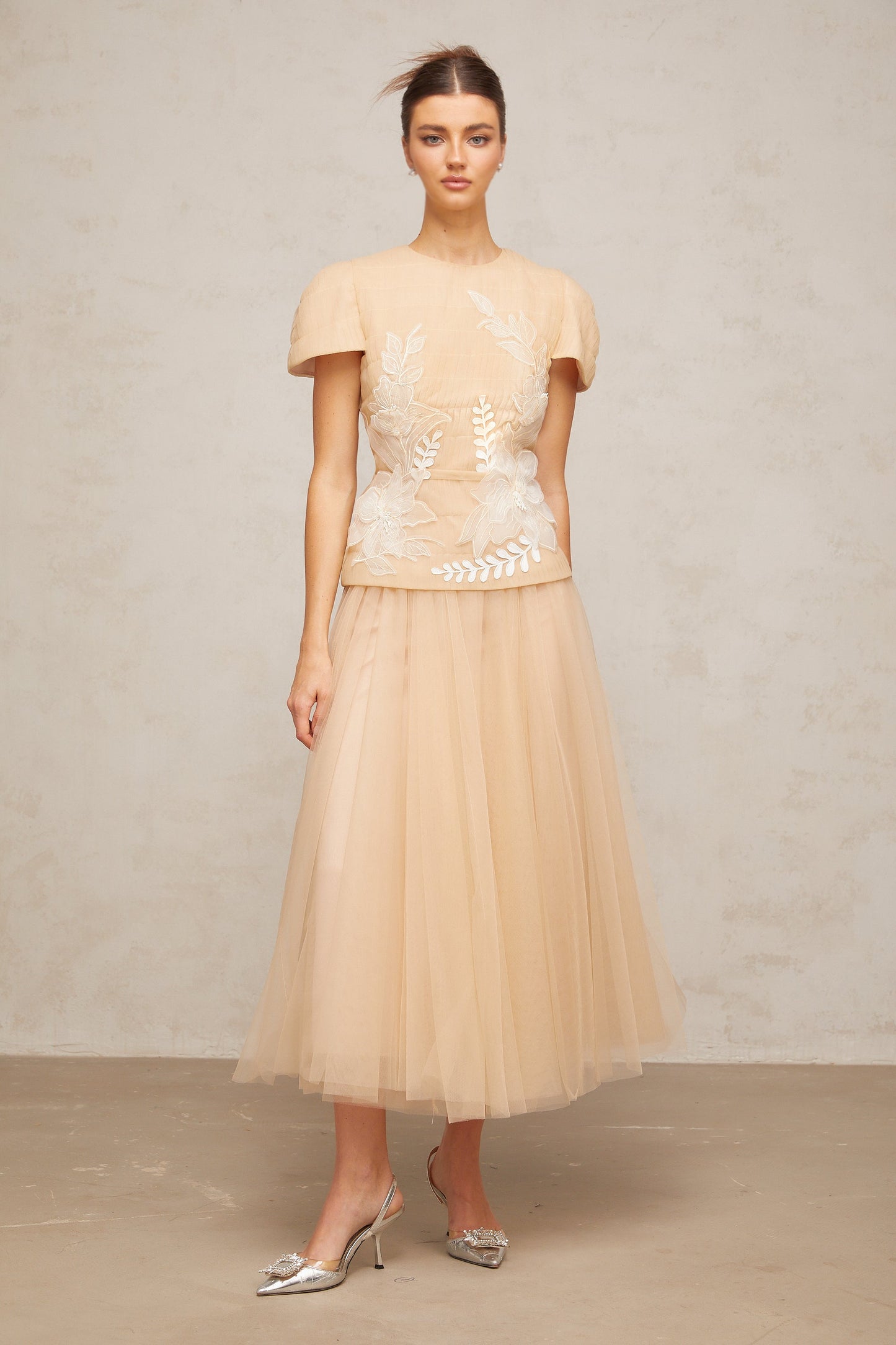 Ludivine floral-appliqué tulle top & skirt matching set