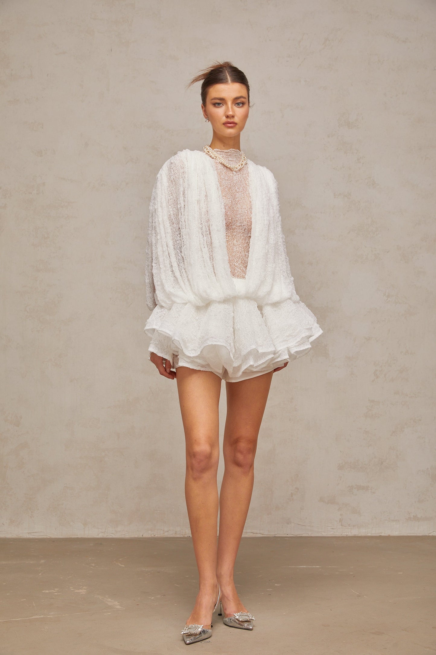 Isoline white semi-sheer lace top & shorts & dress matching set