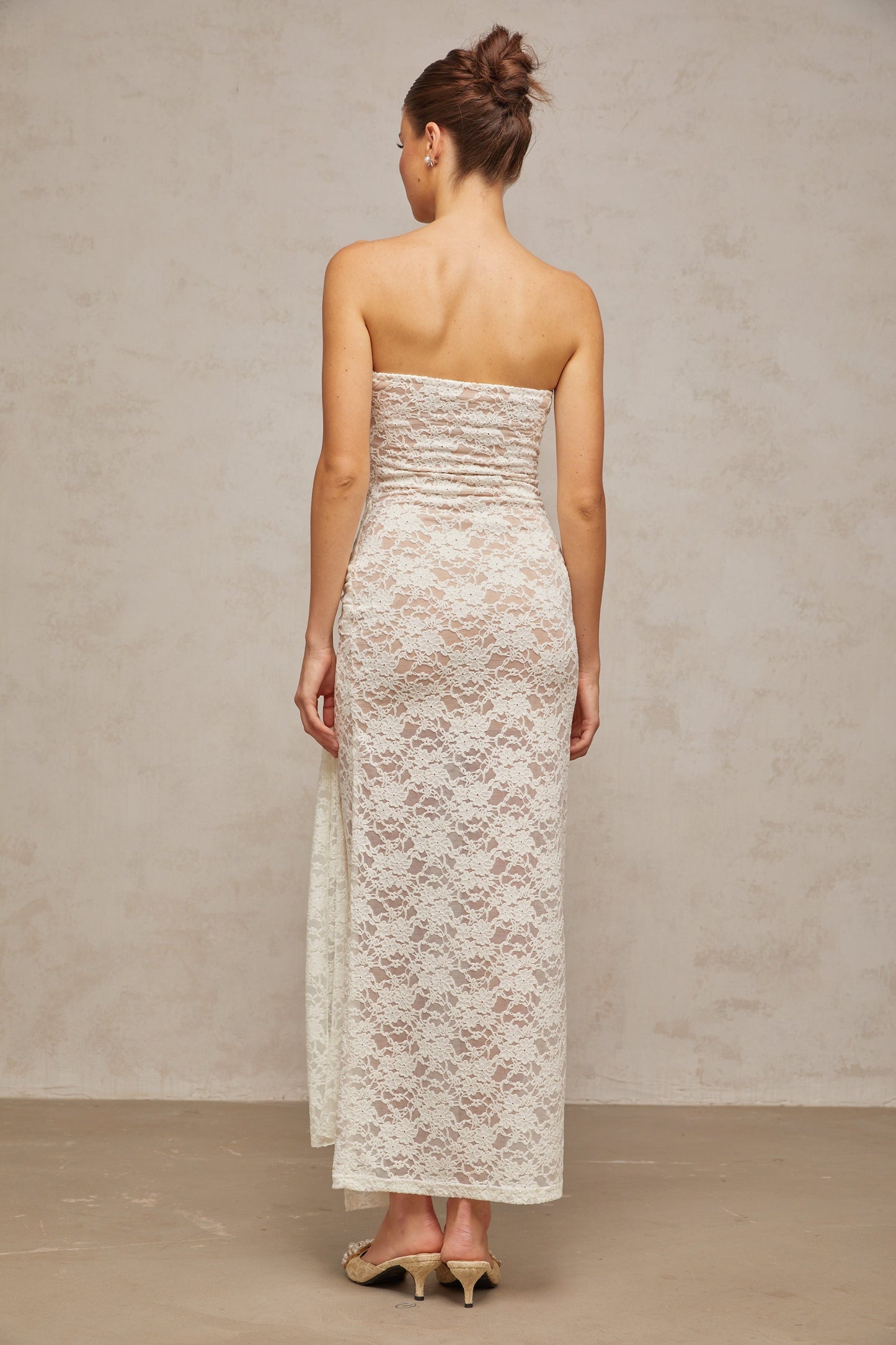 Wilhelmine white lace draped midi dress