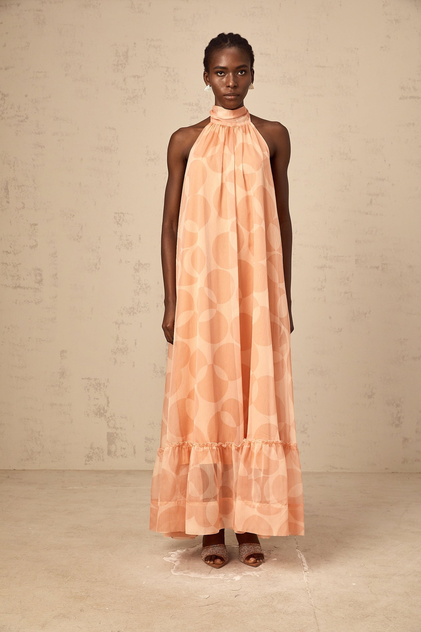 Clémence coral-pink halterneck pattern-print maxi dress