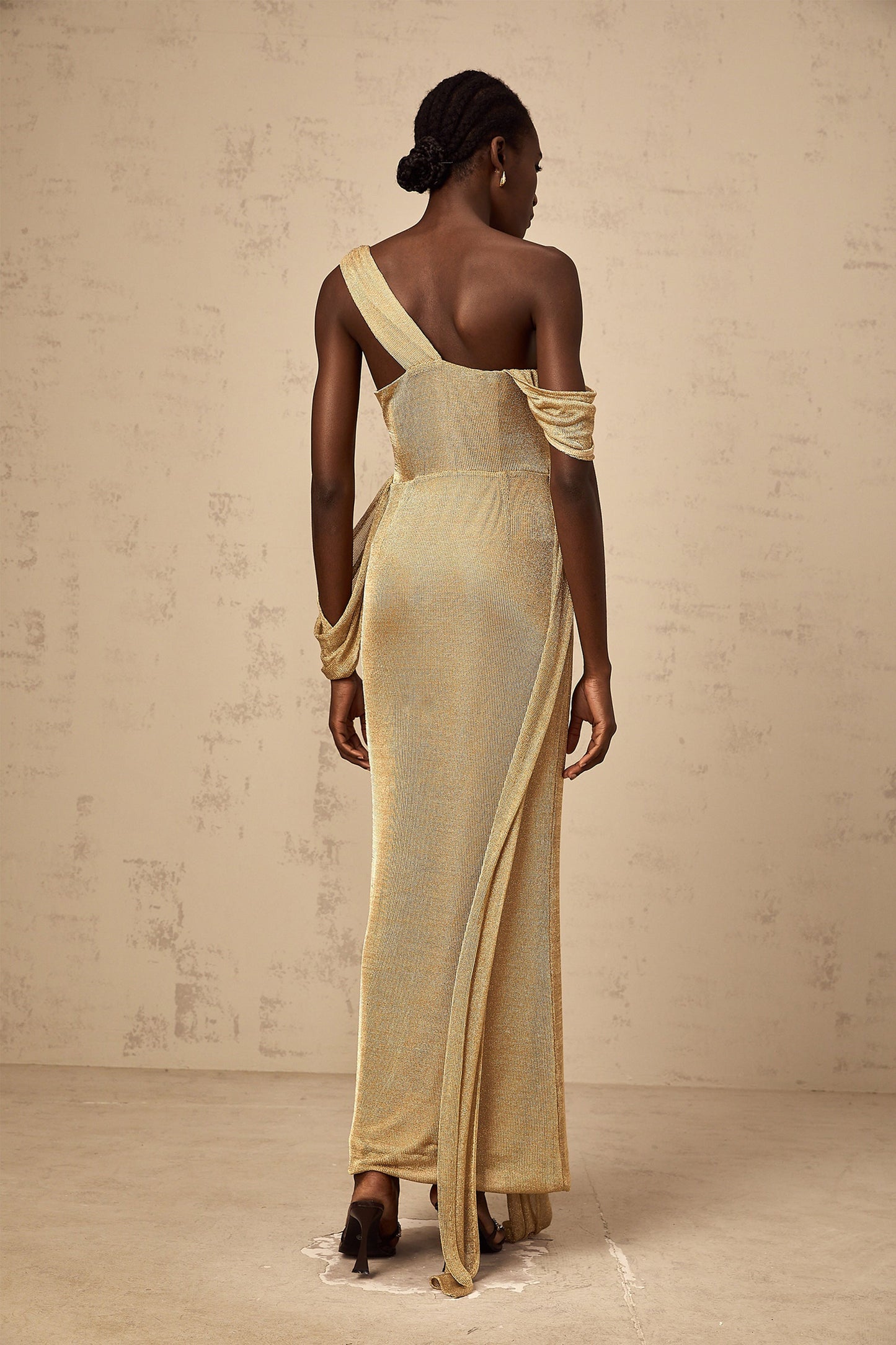 Anne gold ribbon-design gathered maxi dress