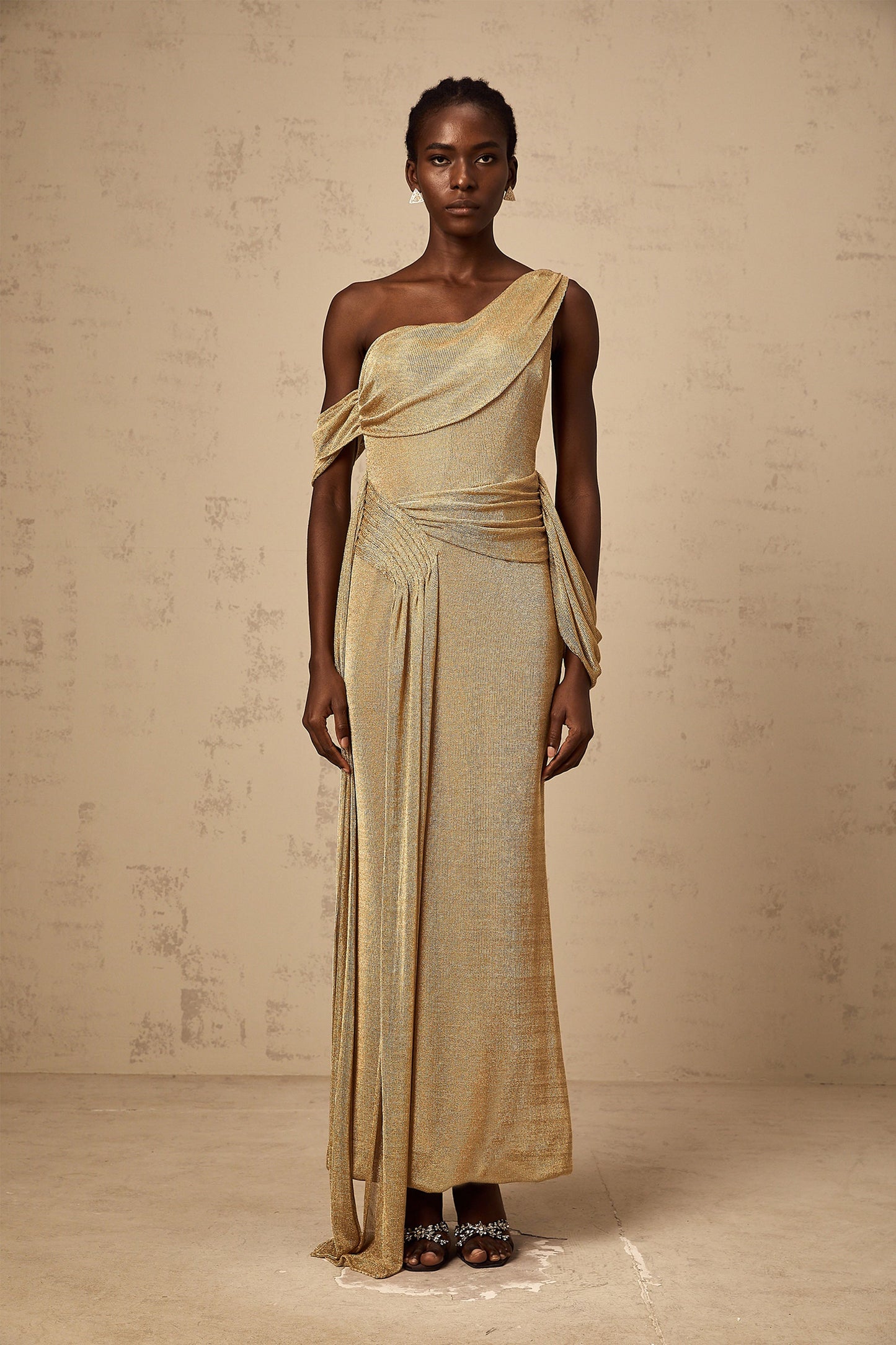 Anne gold ribbon-design gathered maxi dress