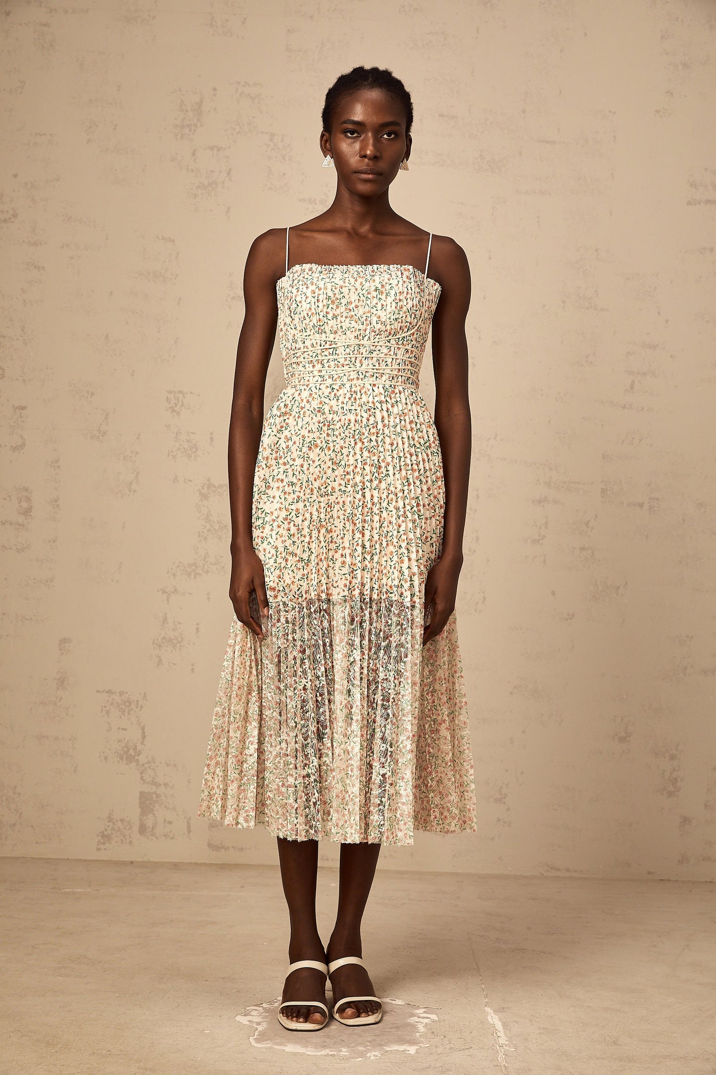 Marion white floral-print pleated midi dress