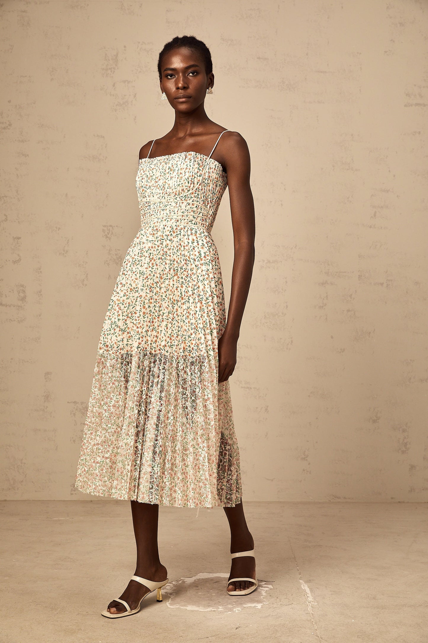 Marion white floral-print pleated midi dress